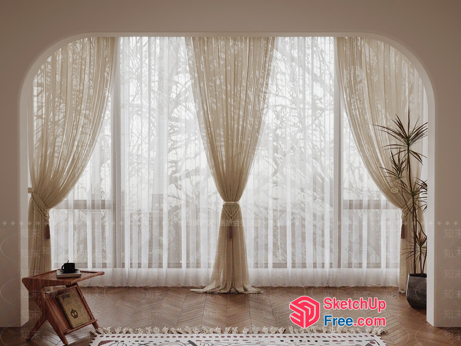 Elegant Sheer Curtains Framing A Serene Window View 3D SketchUp File