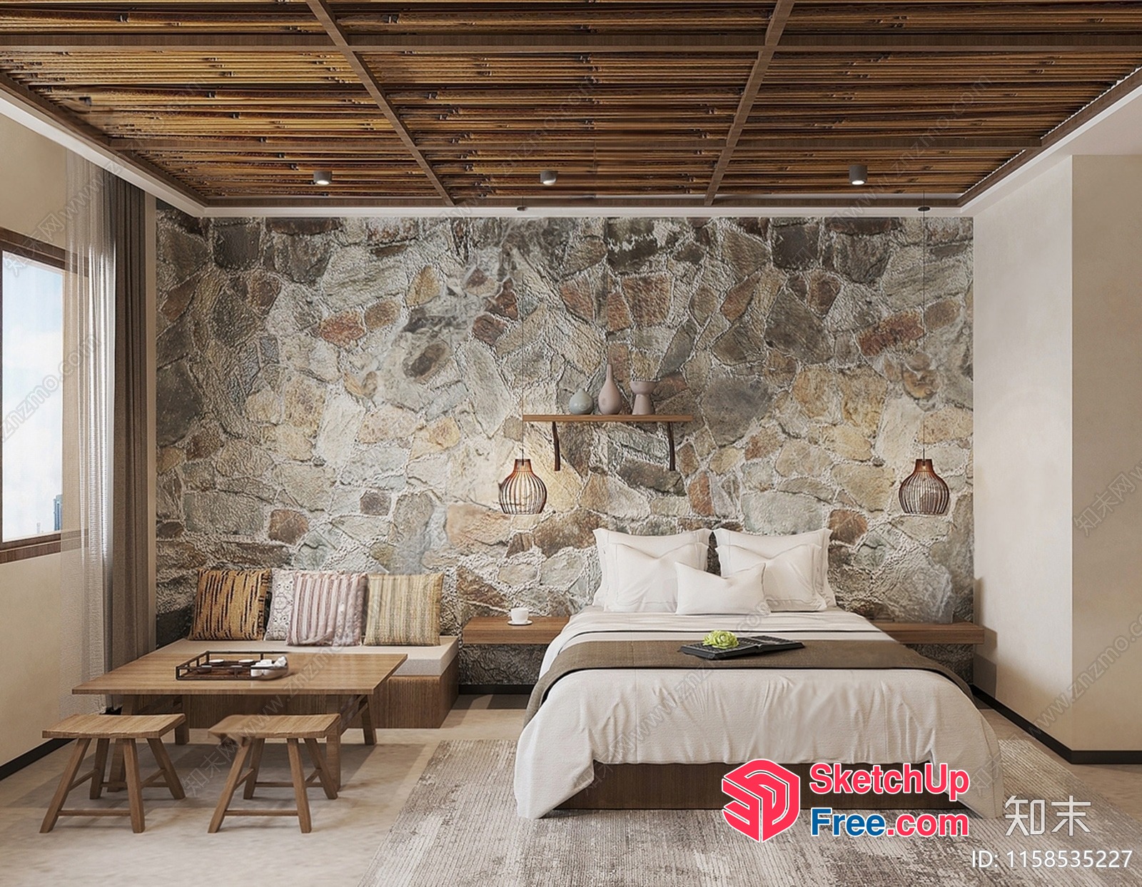 Minimalist Japanese Style Bedroom With Natural Stone Wall 3D SketchUp File