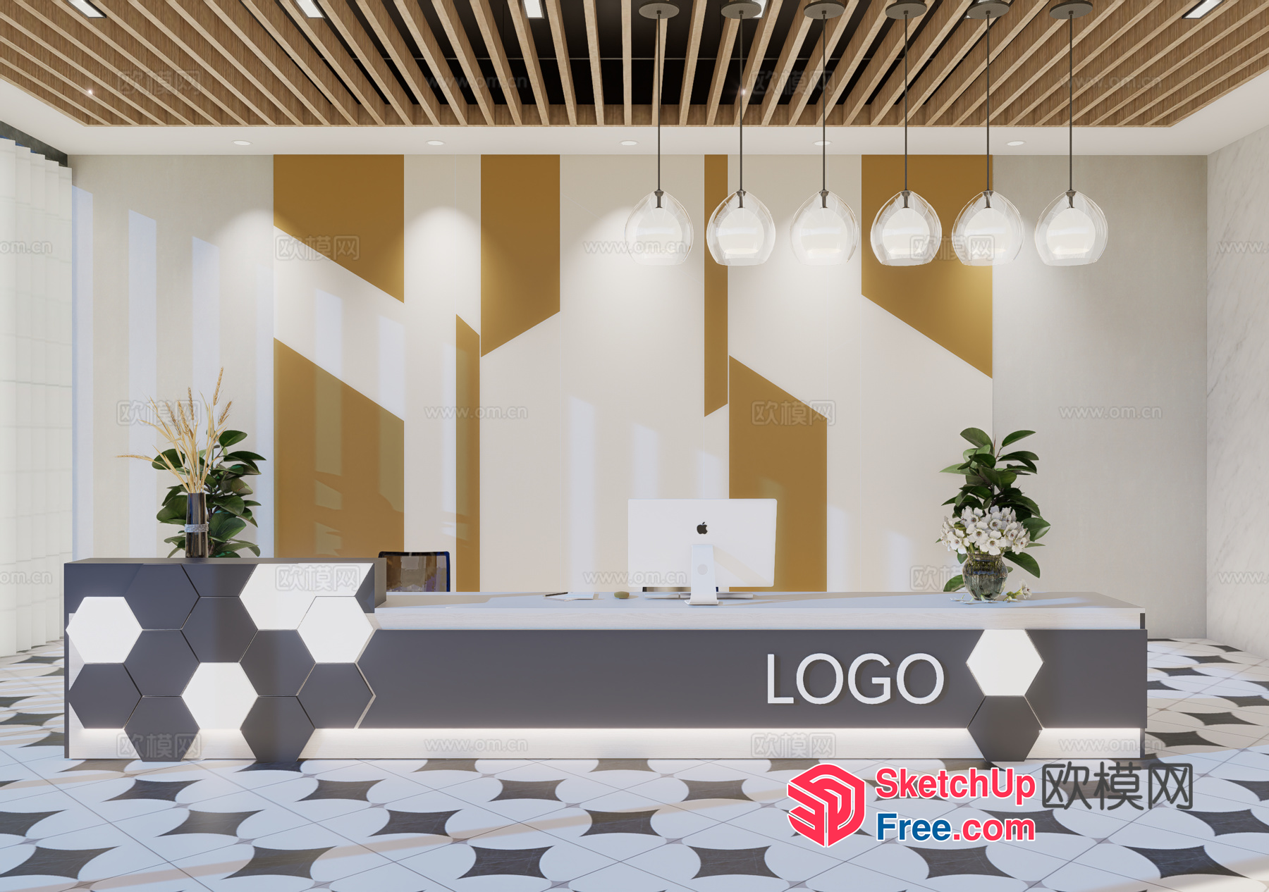 Modern Office Reception Desk With Logo And Decorative Elements 3D SketchUp File