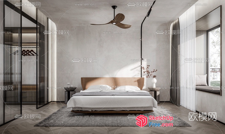 Modern Minimalist Bedroom With Sleek Bed And Large Window 3D SketchUp File