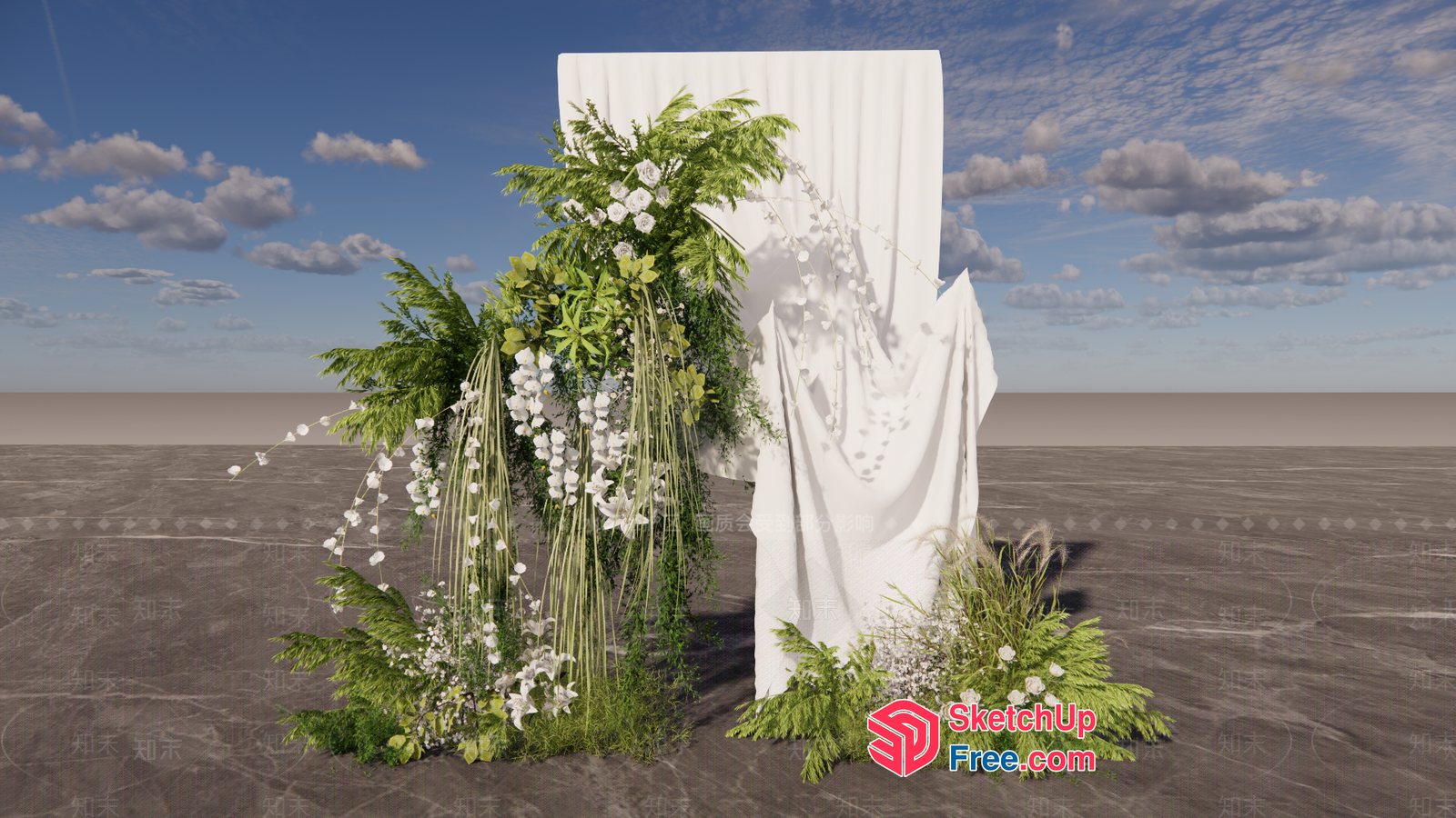 Exotic Greenery And White Flowers In Front Of A White Curtain 3D SketchUp File