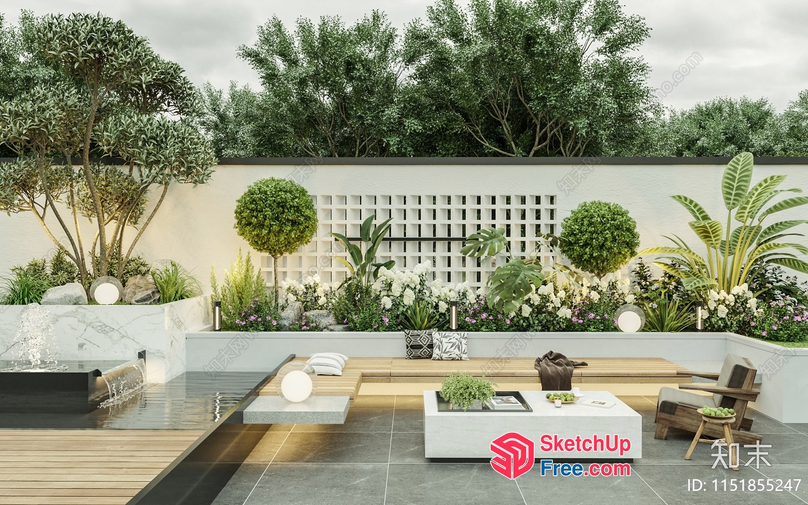 Outdoor Patio With Water Feature And Modern Furniture 3D SketchUp File