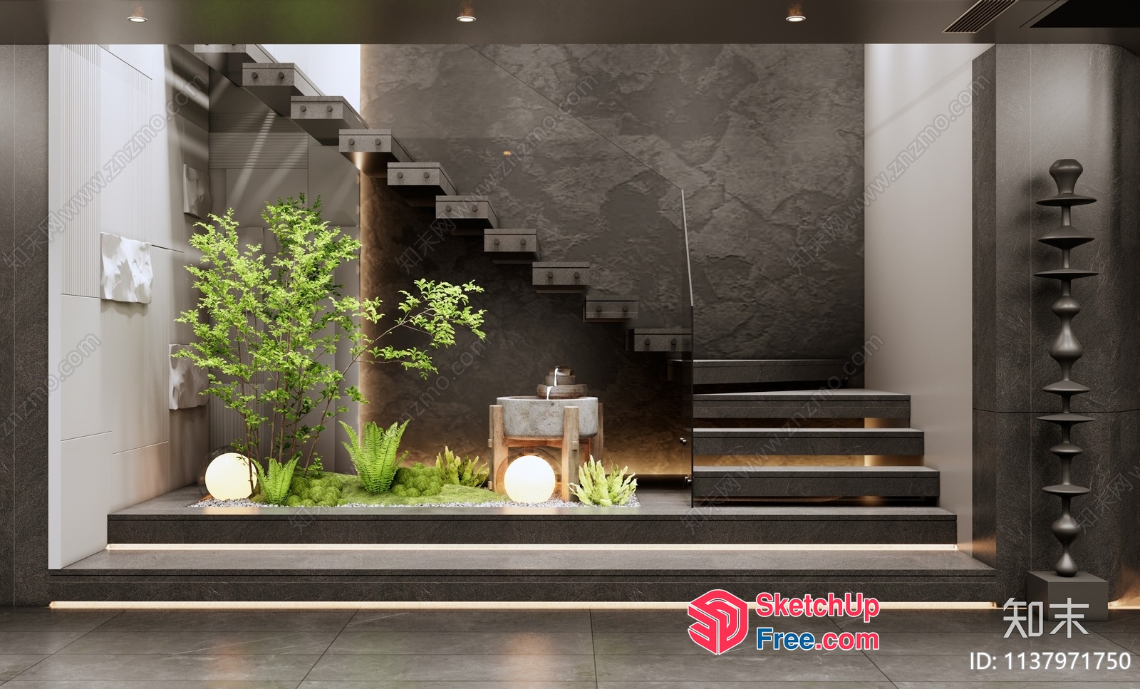 Modern Industrial-Style Staircase With Japanese-Inspired Garden 3D SketchUp File
