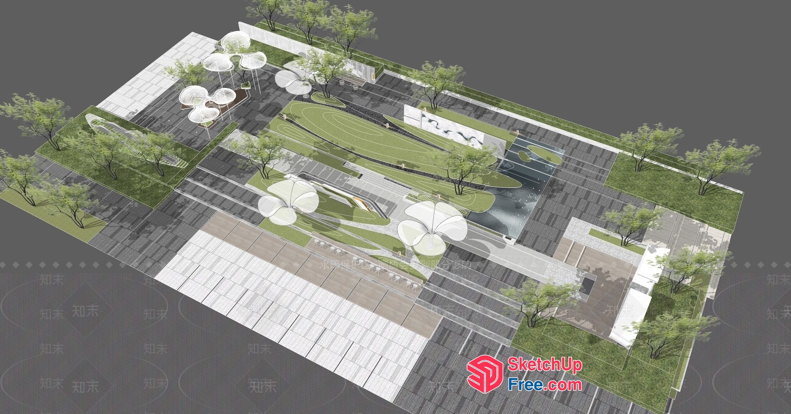 Modern Commercial Street With Green Spaces And Water Features 3D SketchUp File