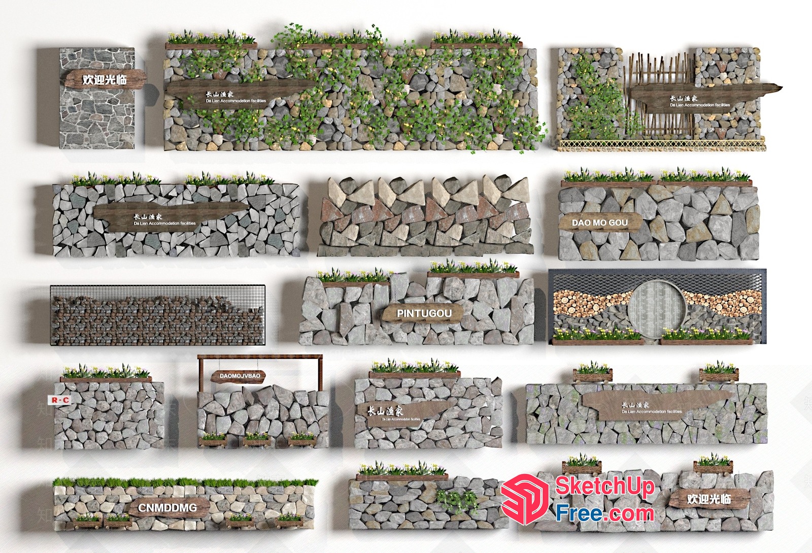 Stone Wall Decorations With Plants 3D SketchUp File
