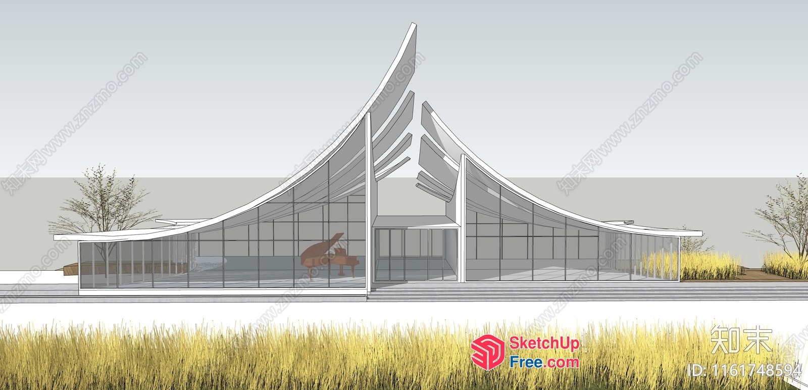 Modern Glass Building With Unique Roof Design 3D SketchUp File