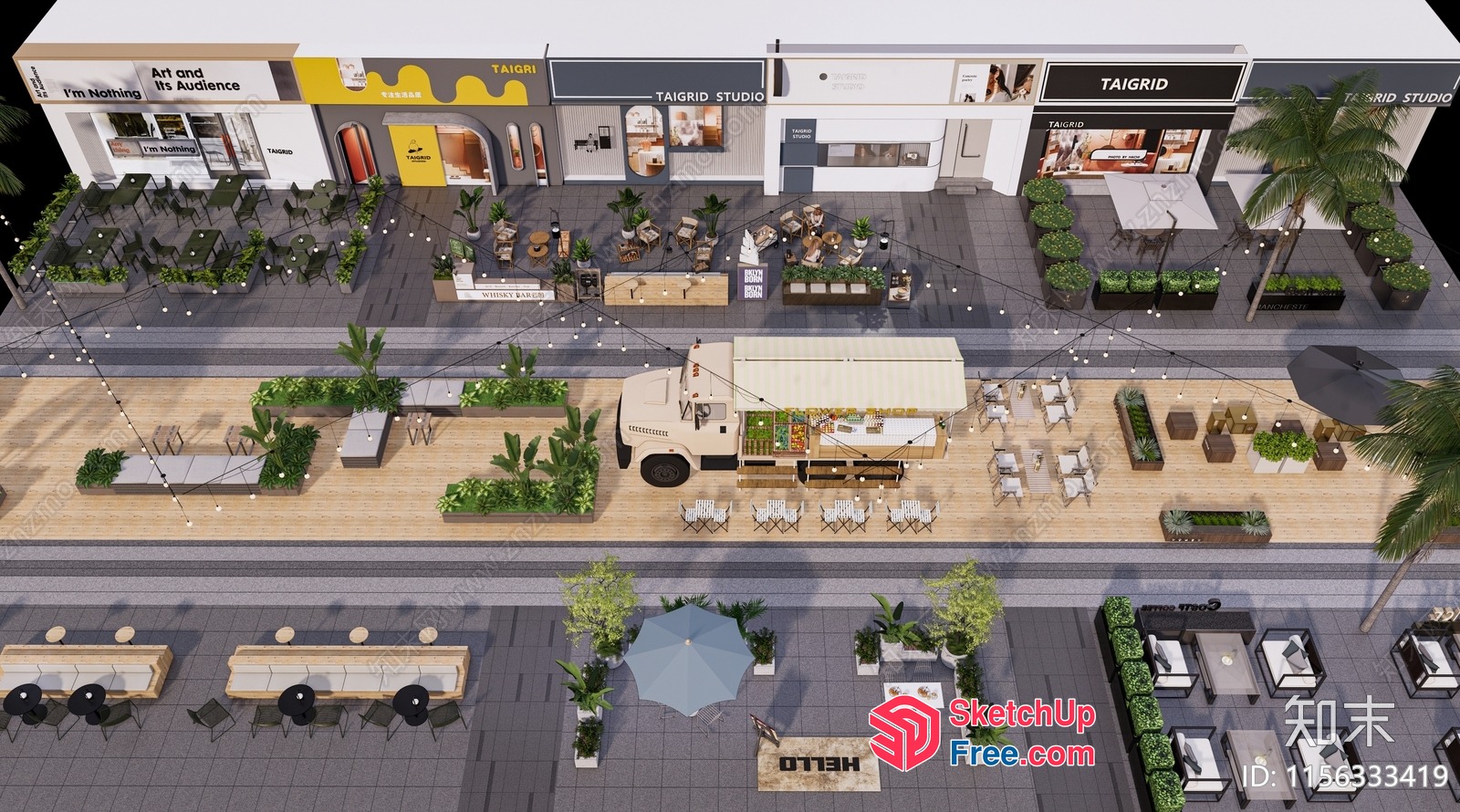Commercial Street With Outdoor Seating And Food Truck 3D SketchUp File