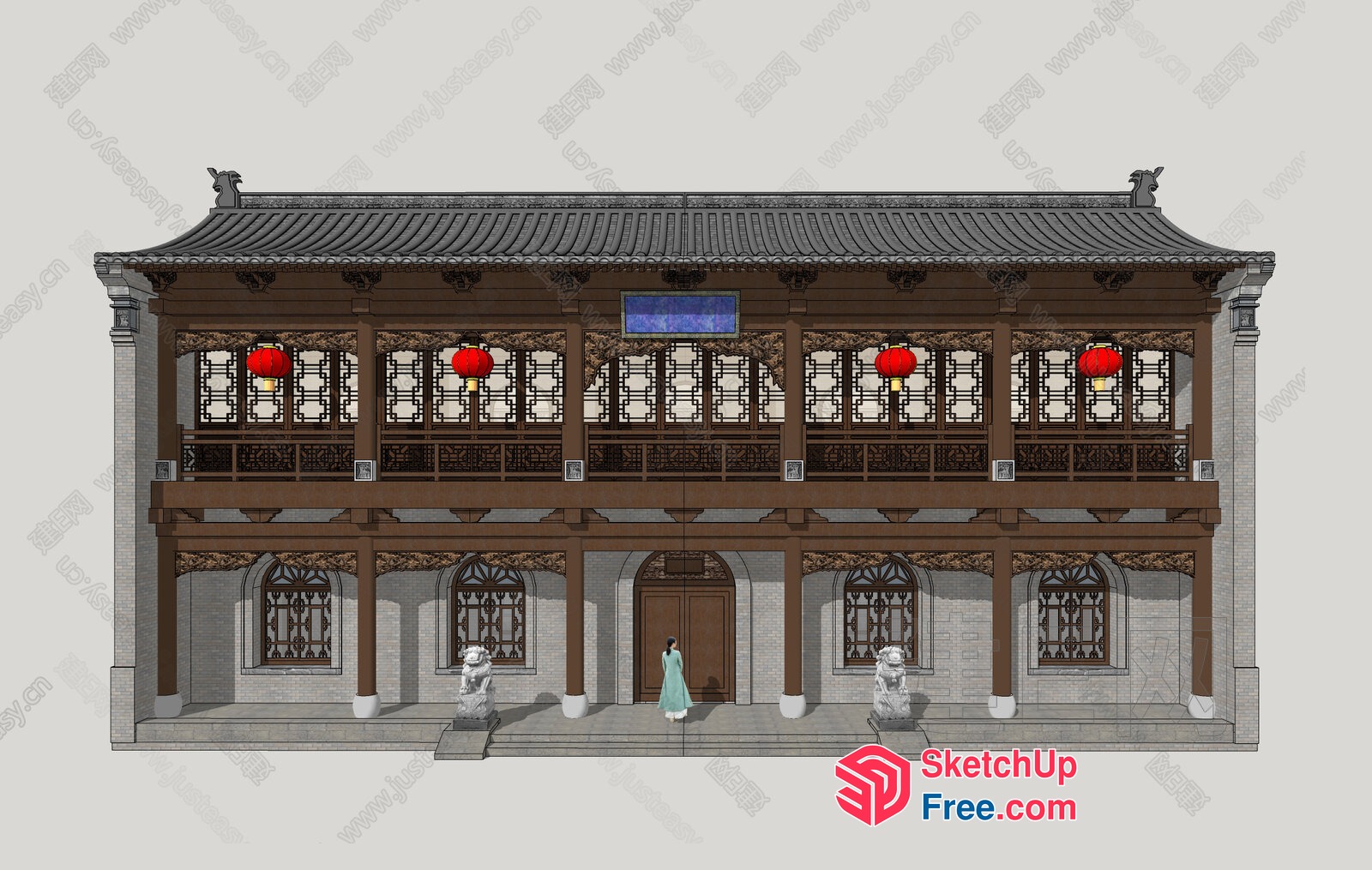 Traditional Chinese Building With Ornate Roof And Balcony 3D SketchUp File