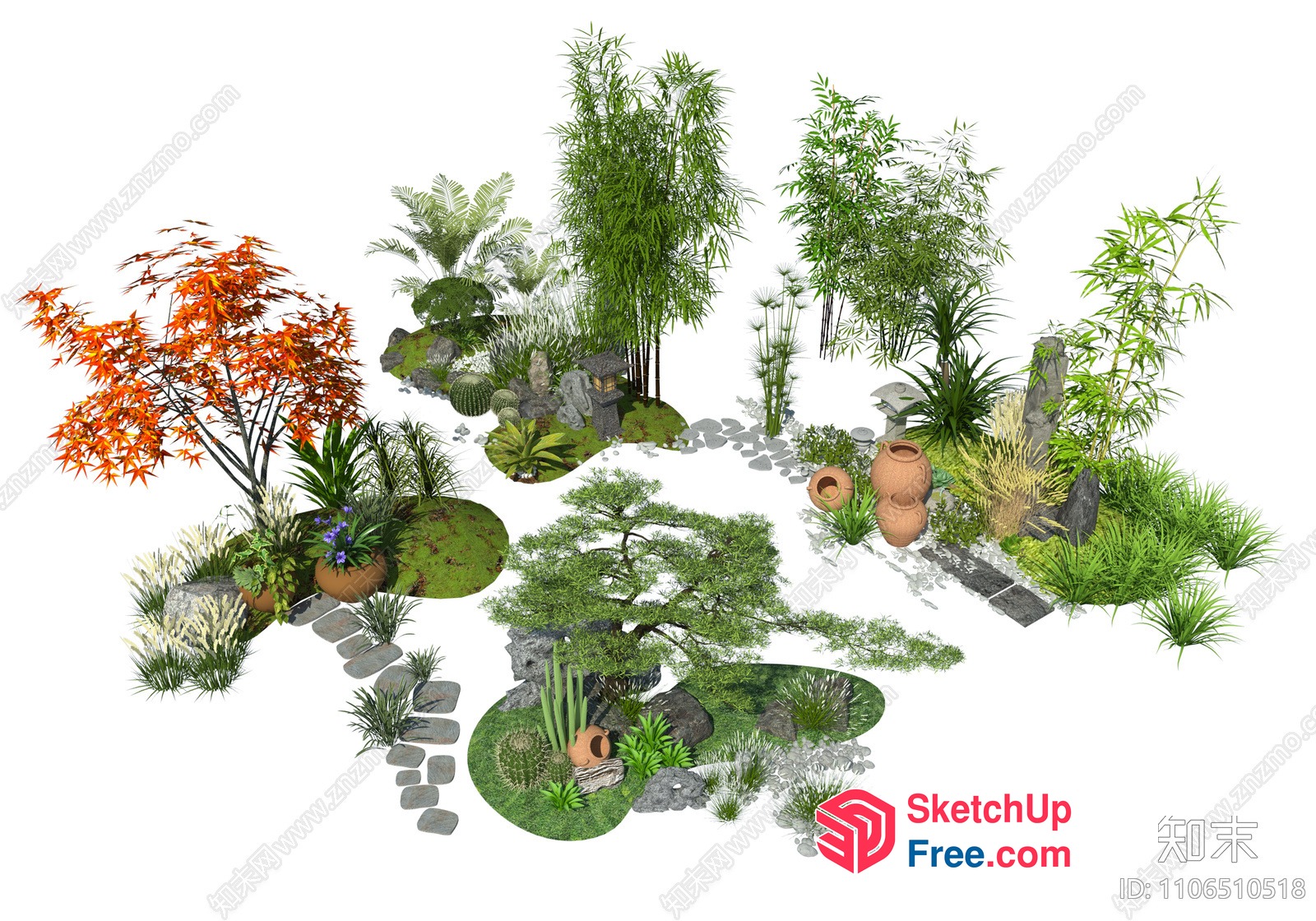 Japanese-Style Garden With Various Plants And Decorations 3D SketchUp File