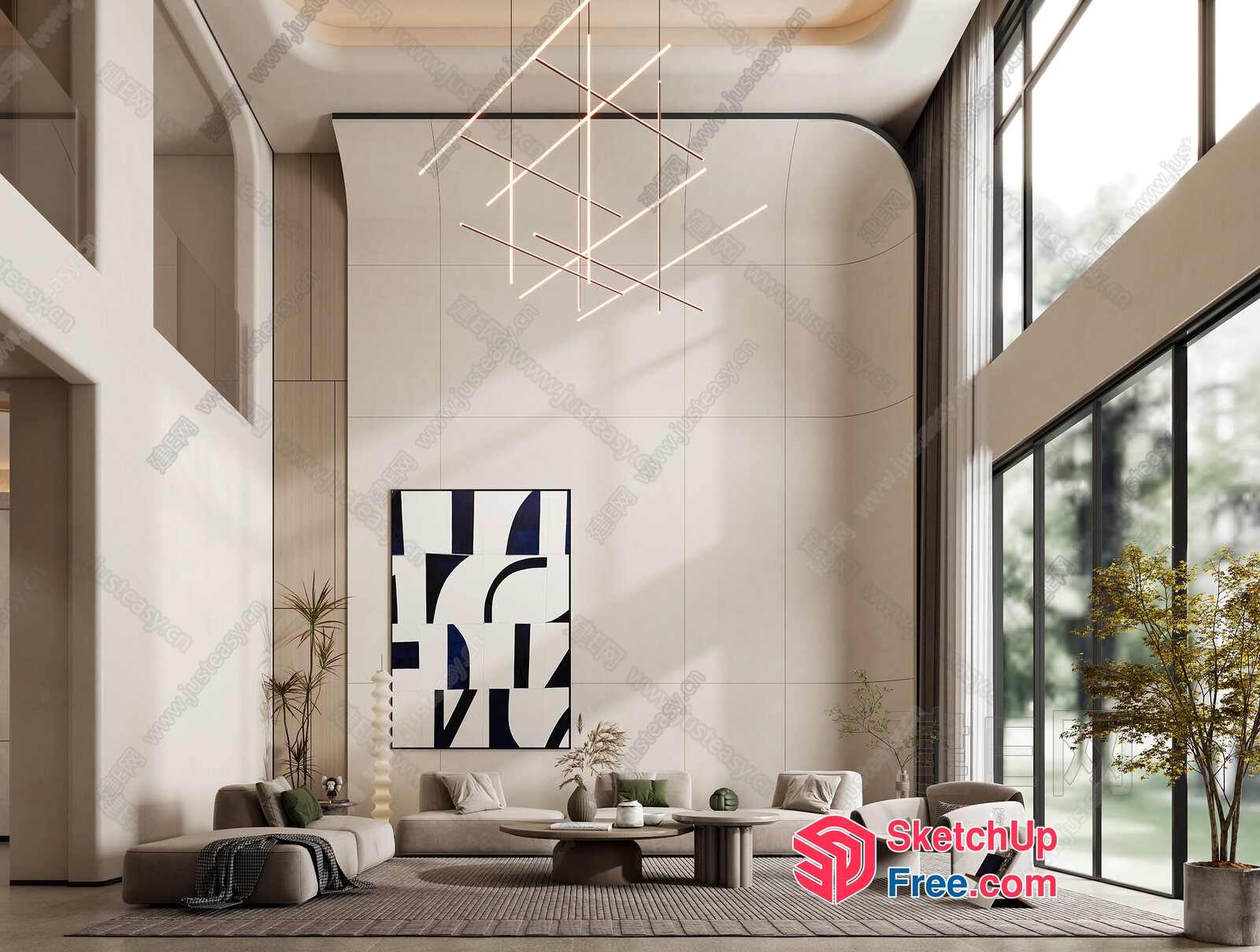 Modern Minimalist Living Room With High Ceiling And Large Windows 3D SketchUp File