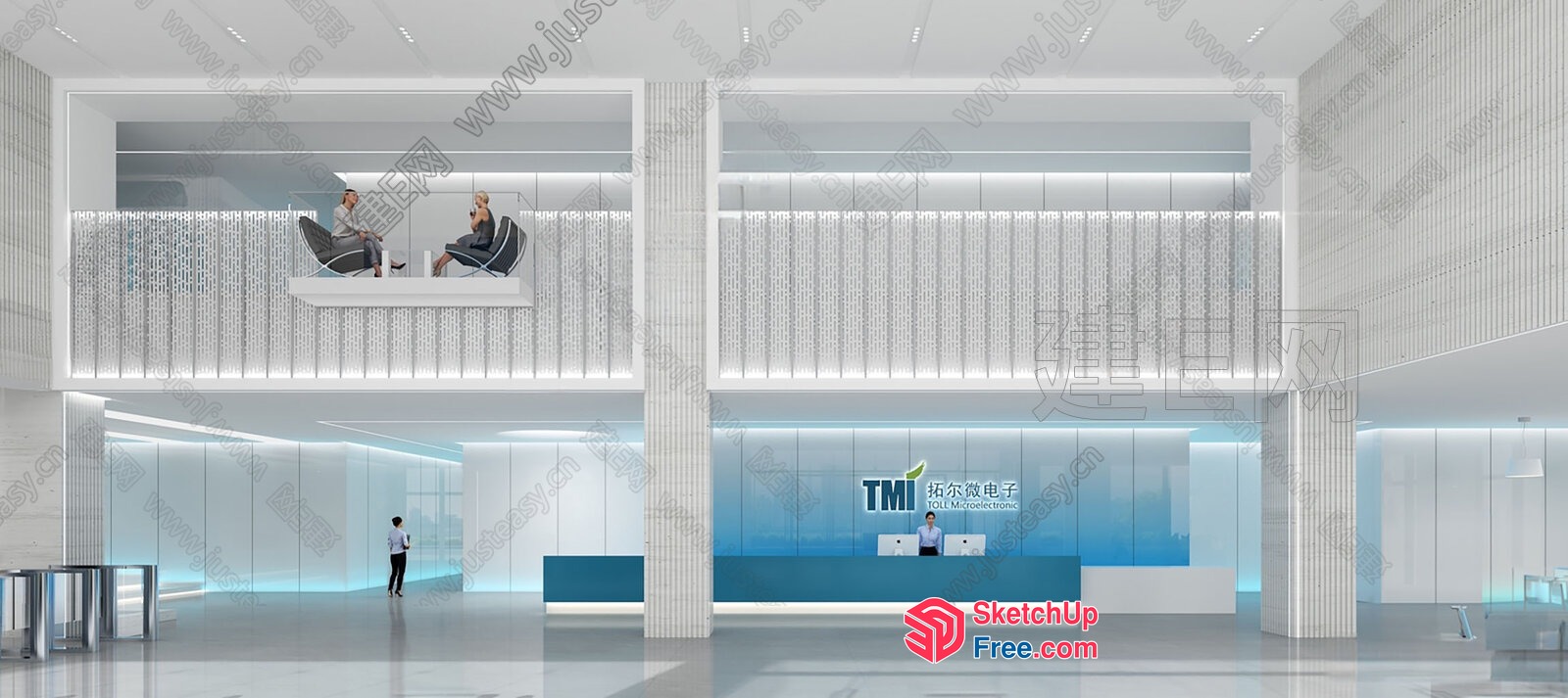 Modern Office Interior With Glass Curtain Wall And Pillars 3D SketchUp File