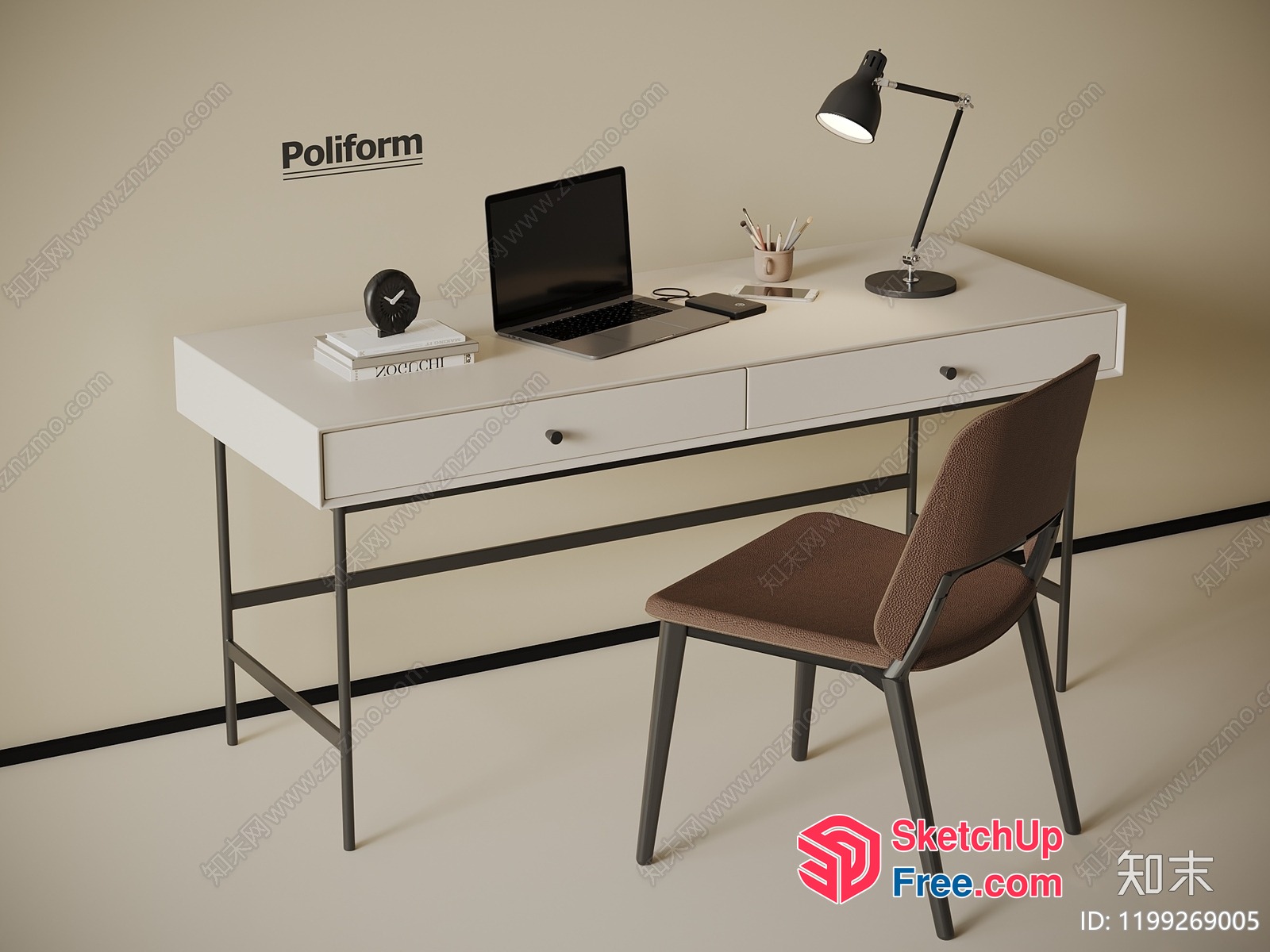 Minimalist Desk And Chair Arrangement In Beige And Brown 3D SketchUp File