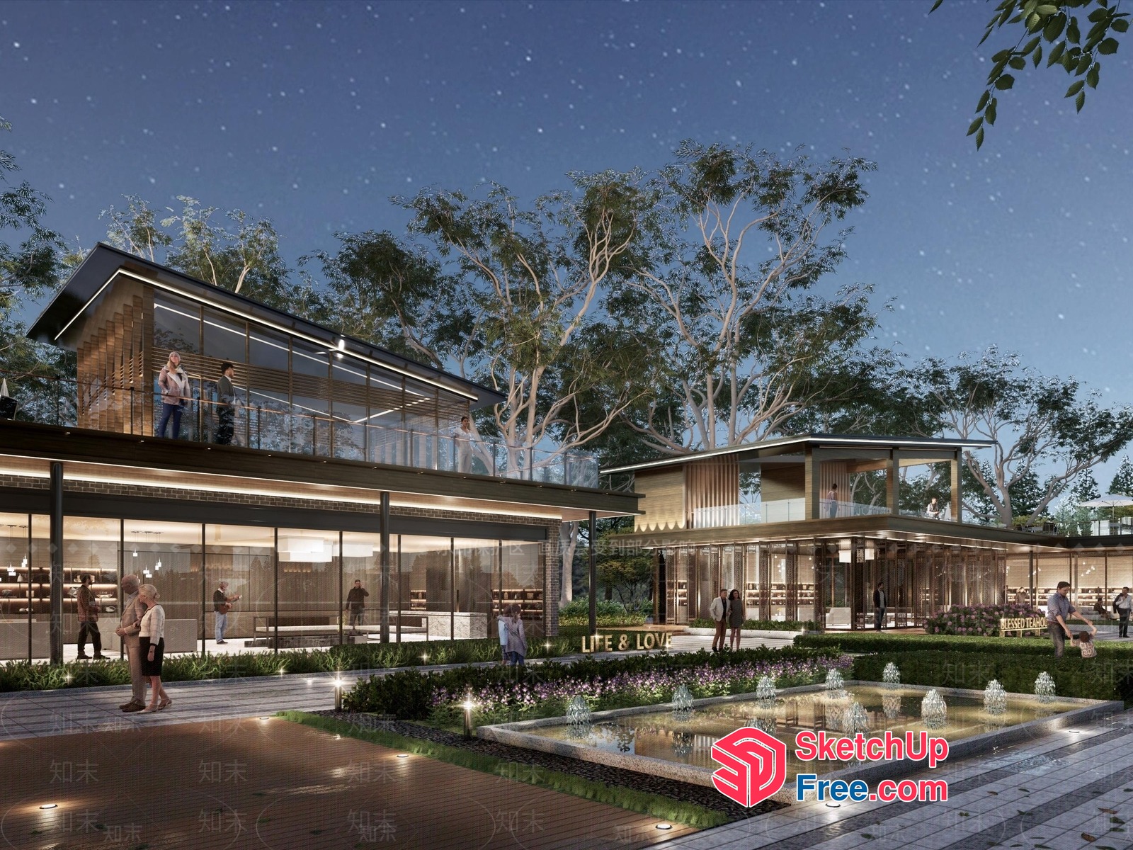 Modern Commercial Building Exterior With Glass Curtain Wall And Water Fountain 3D SketchUp File