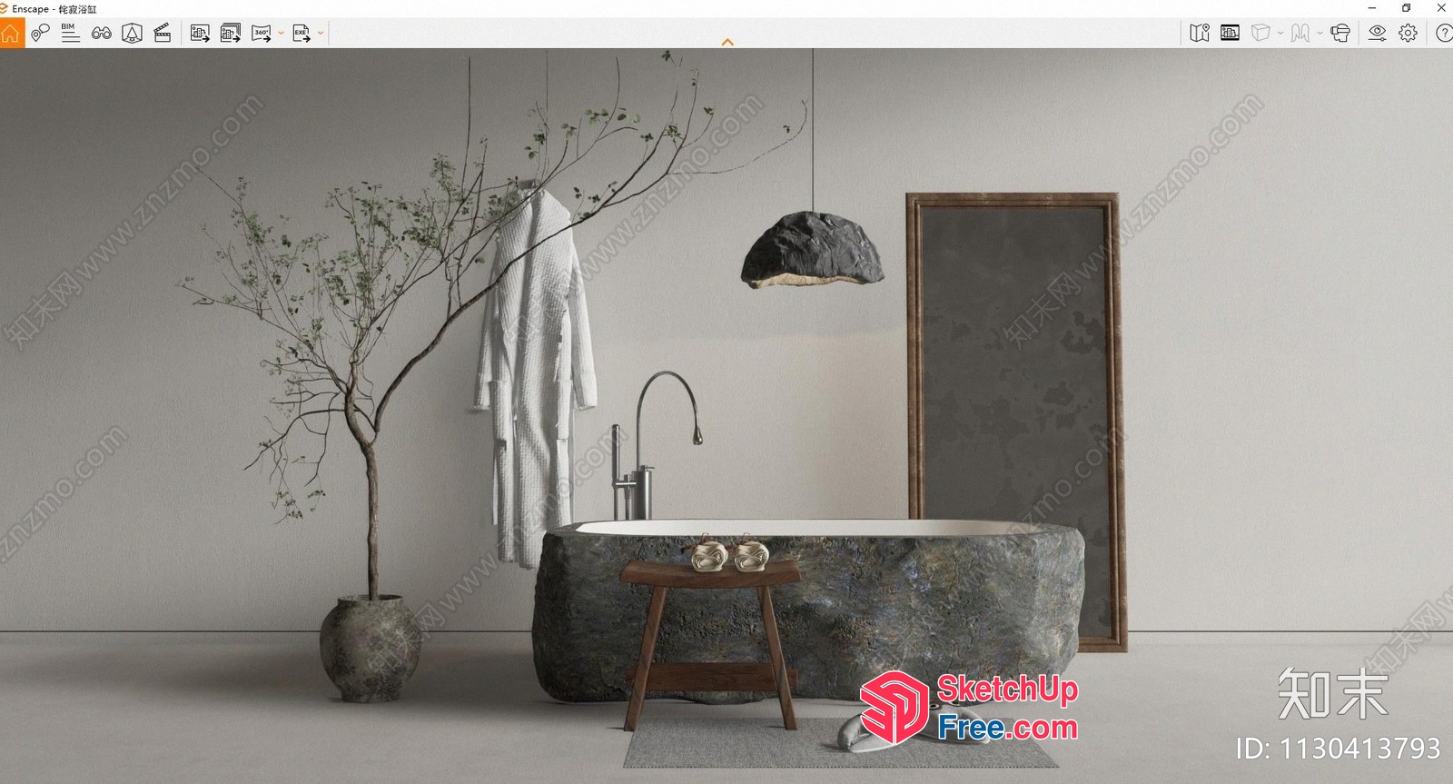 Modern Japanese-Inspired Bathroom With Natural Stone Elements 3D SketchUp File