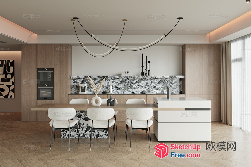 Modern Minimalist Dining Room With White And Wood Accents 3D SketchUp File