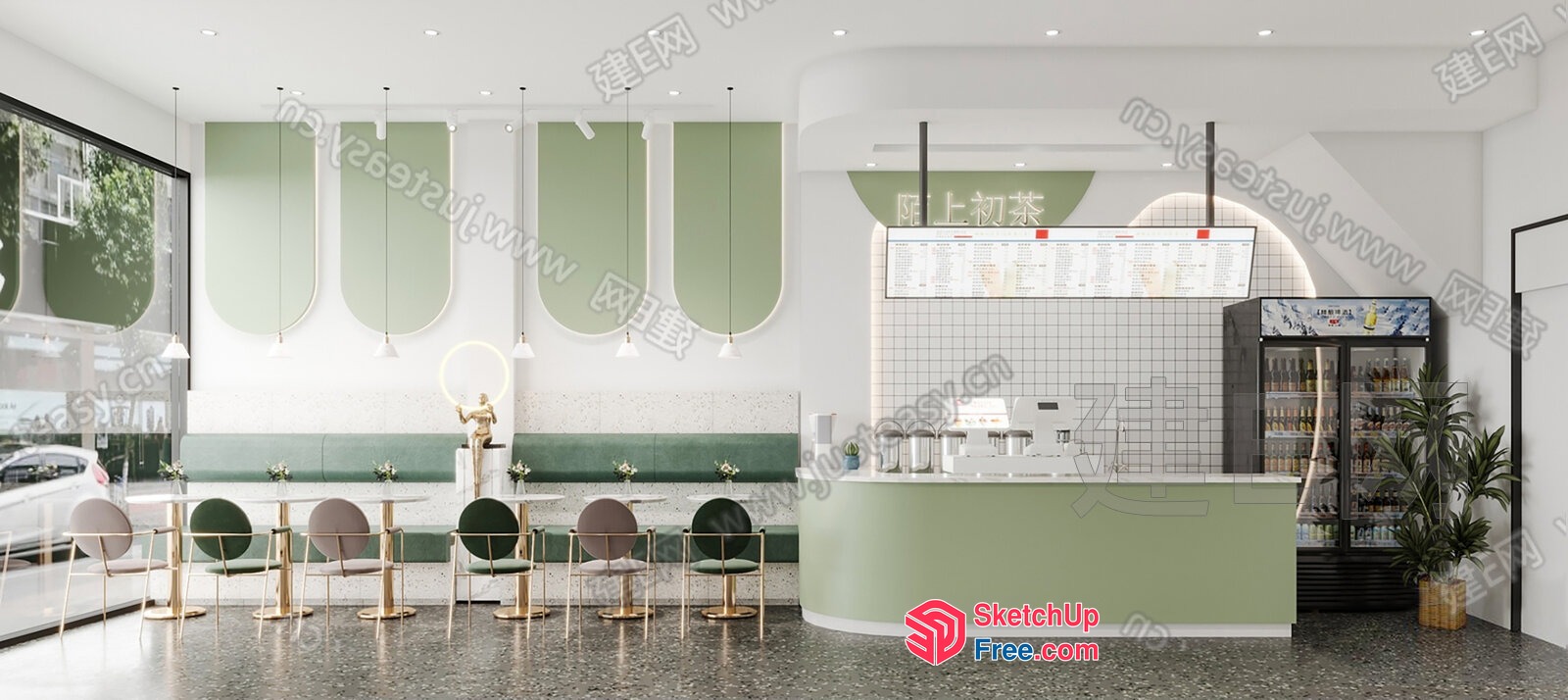 Modern Green And White Cafe Interior 3D SketchUp File