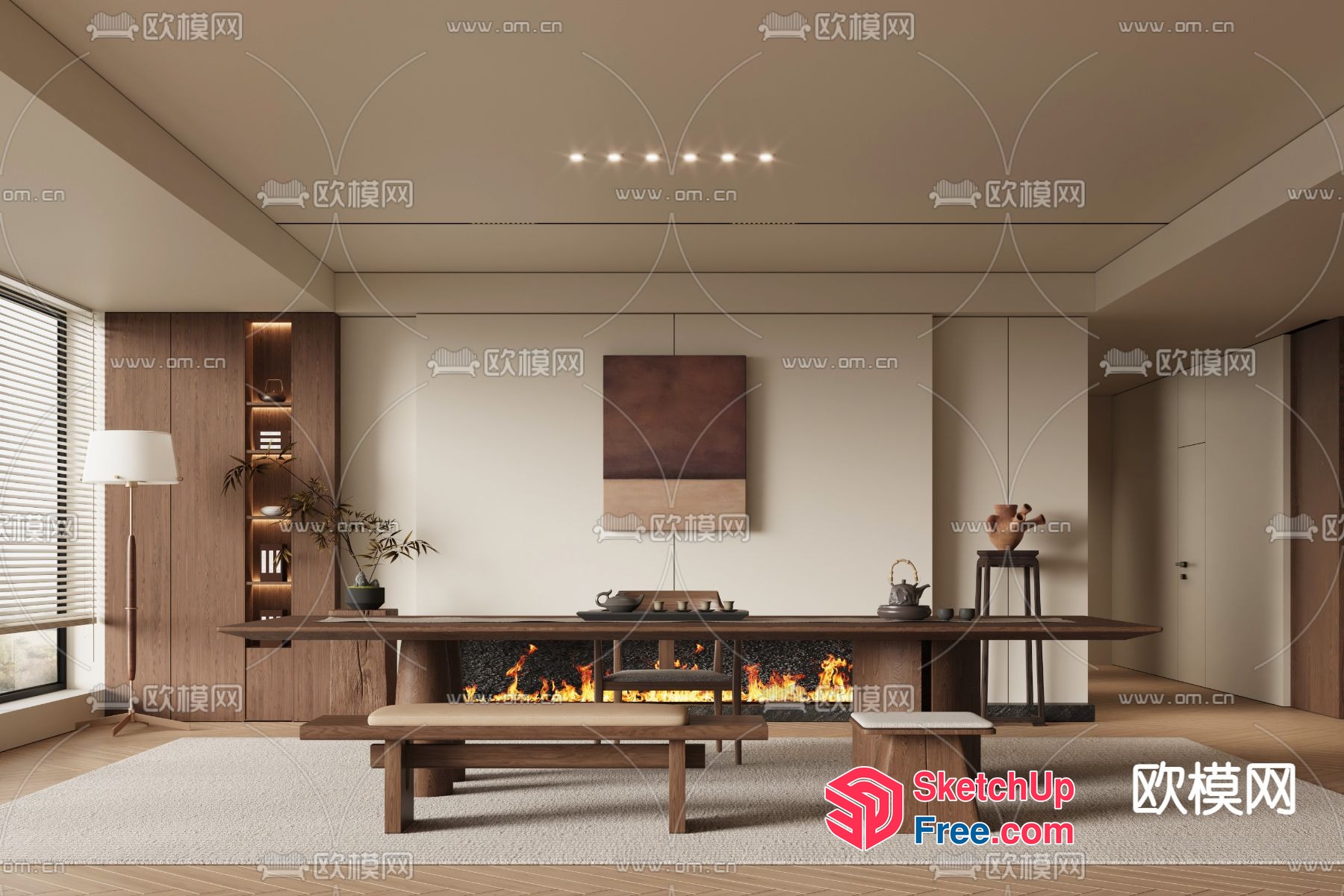 Modern Japanese-Inspired Living Room With Fireplace 3D SketchUp File