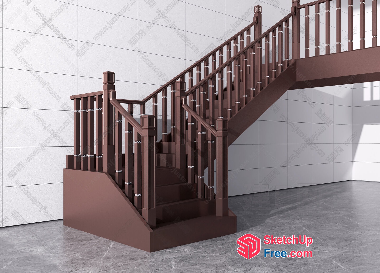 Staircase With Wooden Railing And Steps 3D SketchUp File