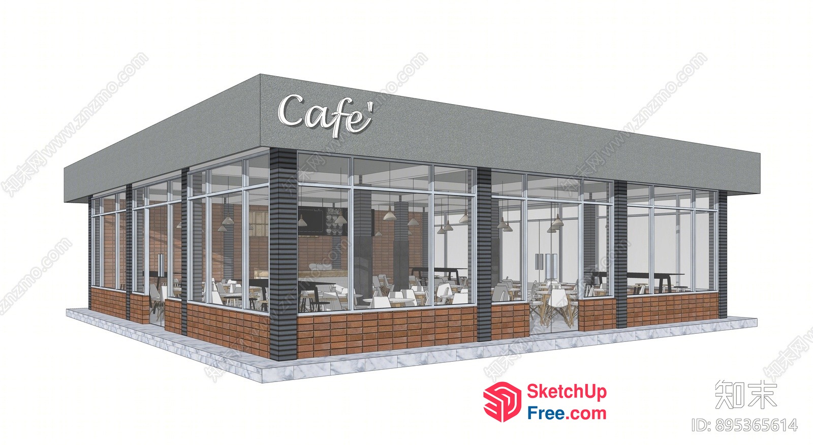 Modern Cafe With Glass Curtain Wall And Brick Accents 3D SketchUp File