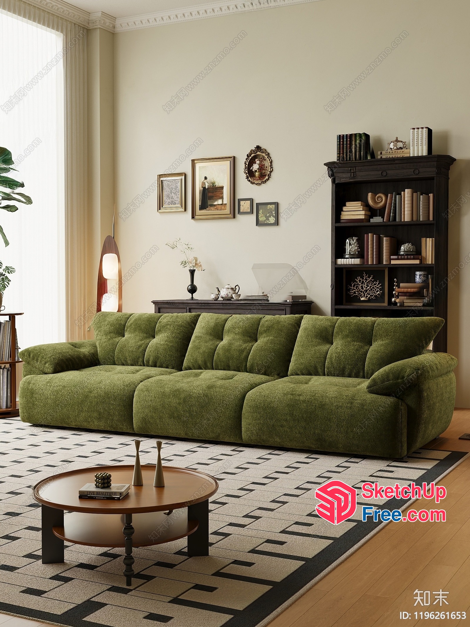 Elegant Living Room With Green Sofa And Bookcase 3D SketchUp File