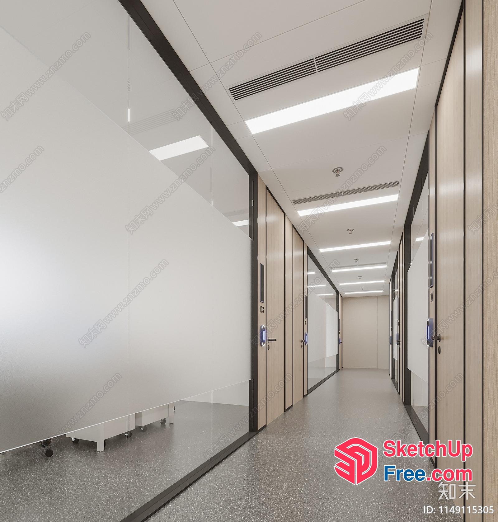 Modern Office Hallway With Glass Partition Wall 3D SketchUp File