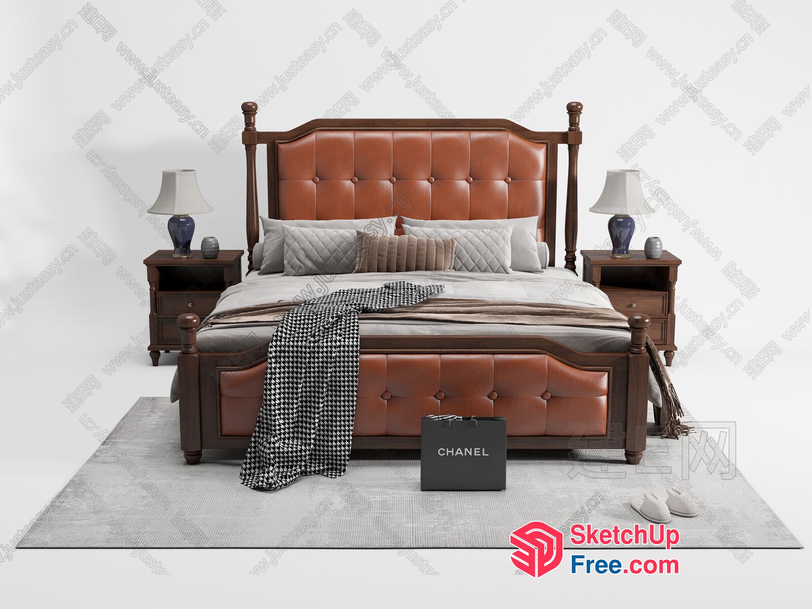 Elegant Brown Leather And Wood Bed With Classic Pillows And Blanket 3D SketchUp File