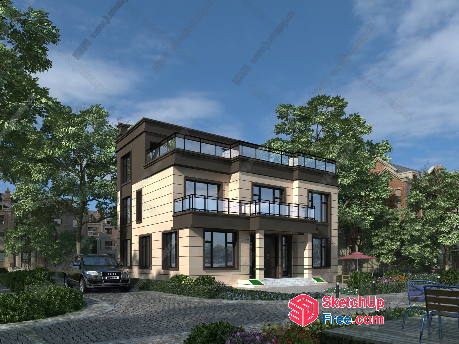 Modern Villa Exterior With Balconies And Parking 3D SketchUp File