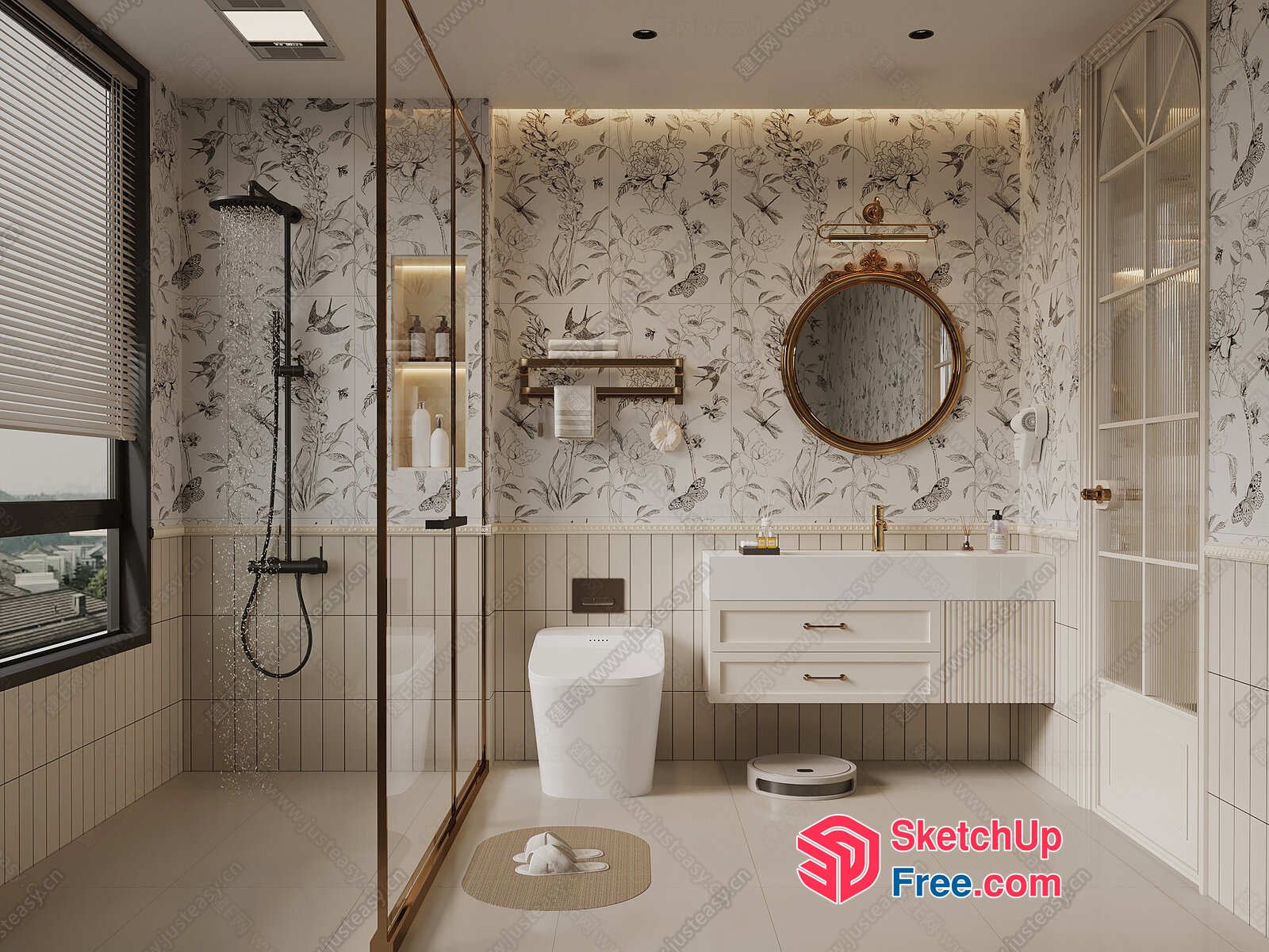 Elegant Bathroom Decor With Modern Fixtures And Floral Wallpaper 3D SketchUp File