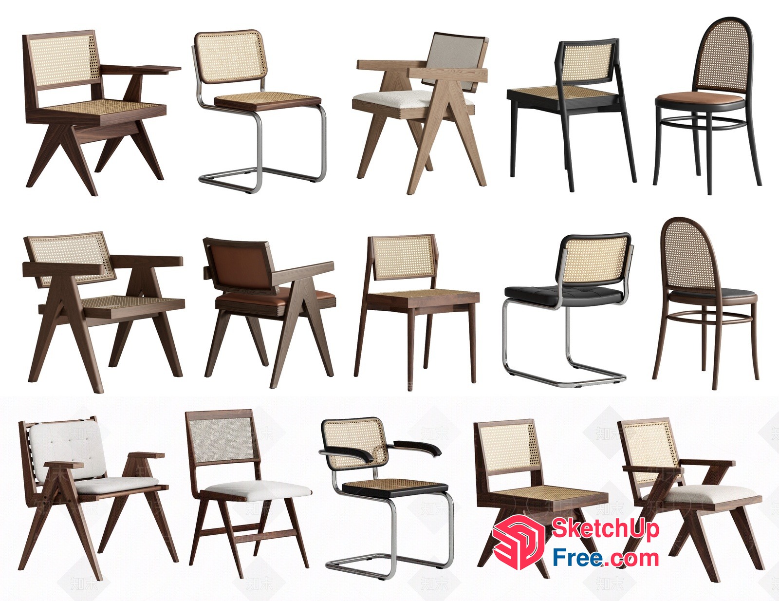 Modern Wooden And Rattan Chair Collection 3D SketchUp File