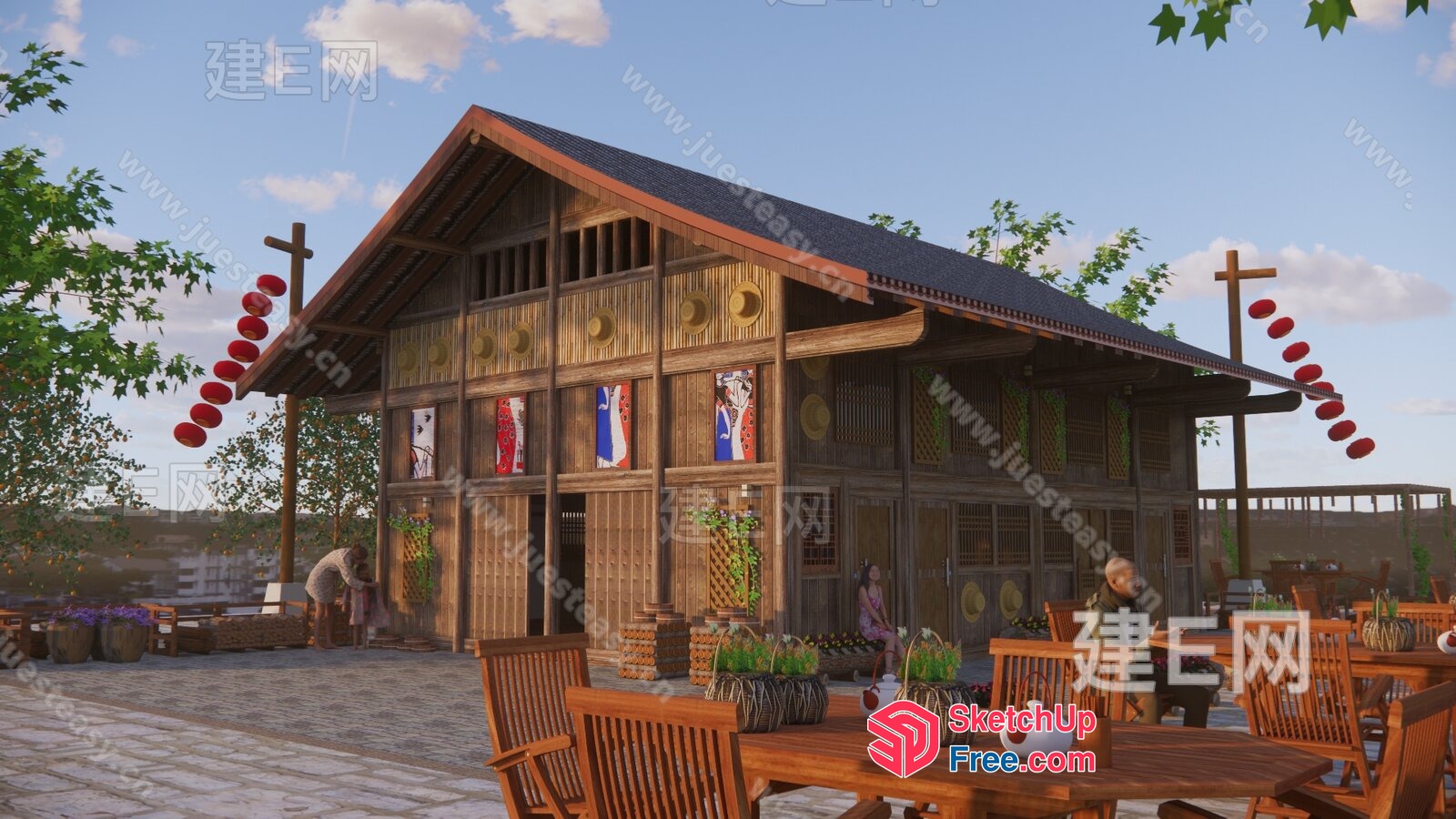 Traditional Asian-Style Wooden Building With Outdoor Seating Area 3D SketchUp File