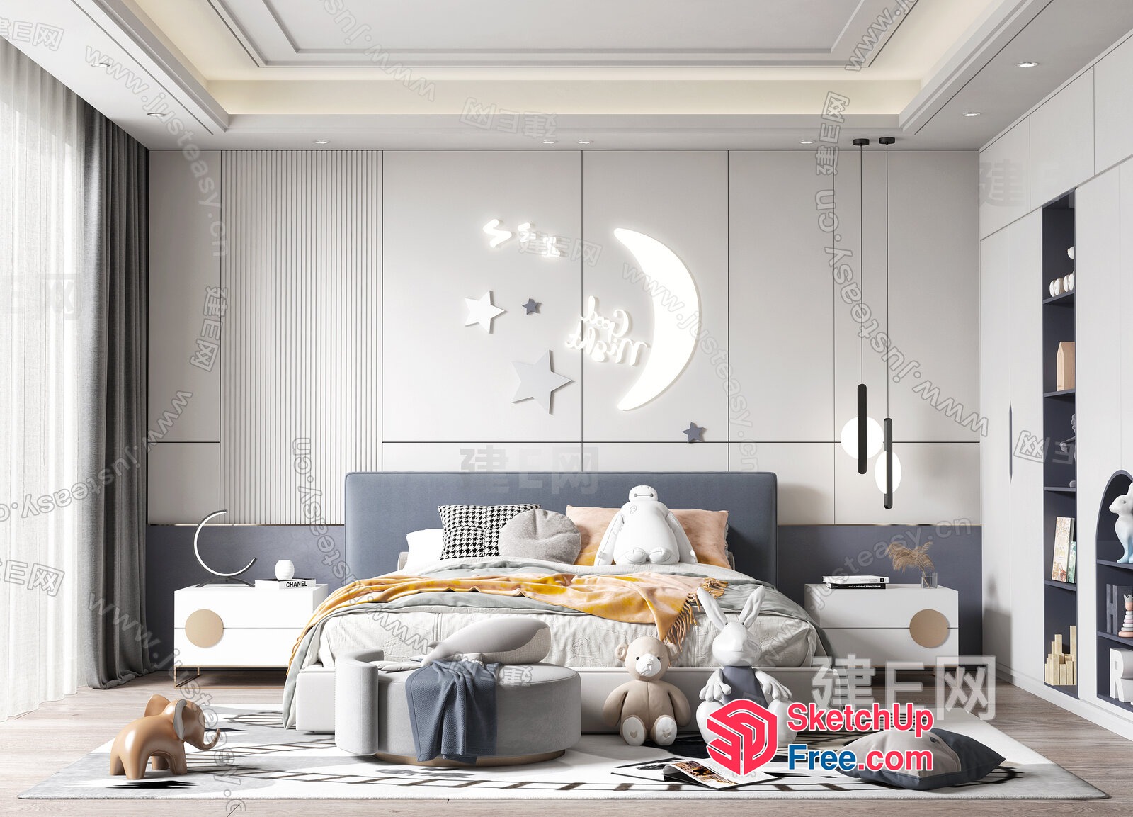 Modern Minimalist White And Gray Bedroom 3D SketchUp File