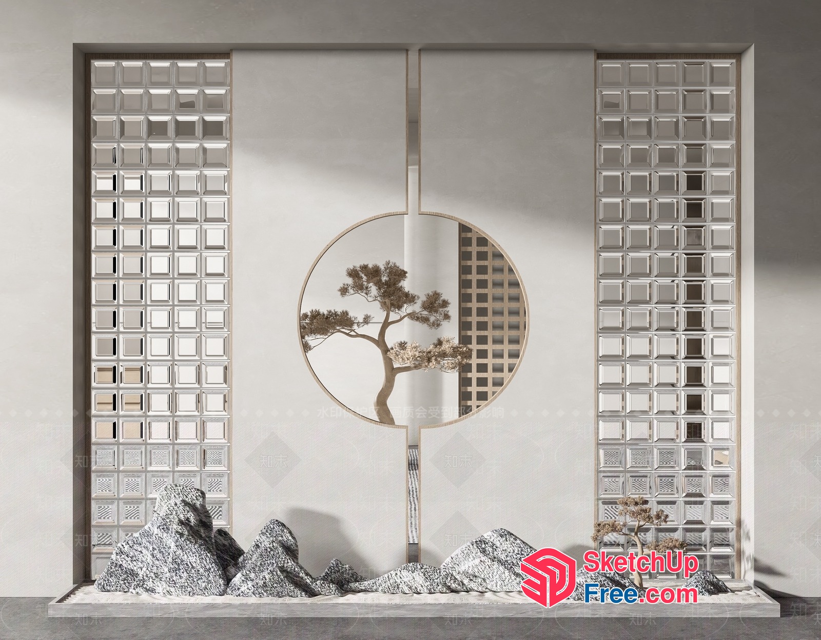 Japanese-Style Glass Brick Wall With Tree And Rocks 3D SketchUp File