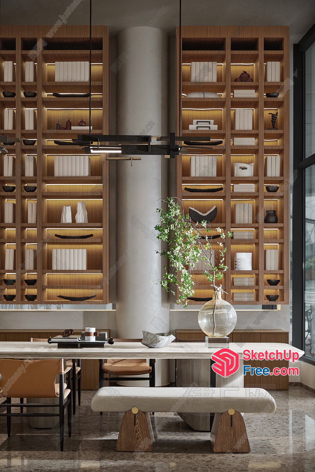 Elegant Dining Room With Large Pillar And Bookcase 3D SketchUp File Elegant Dining Room With Large Pillar And Bookcase 3D SketchUp File