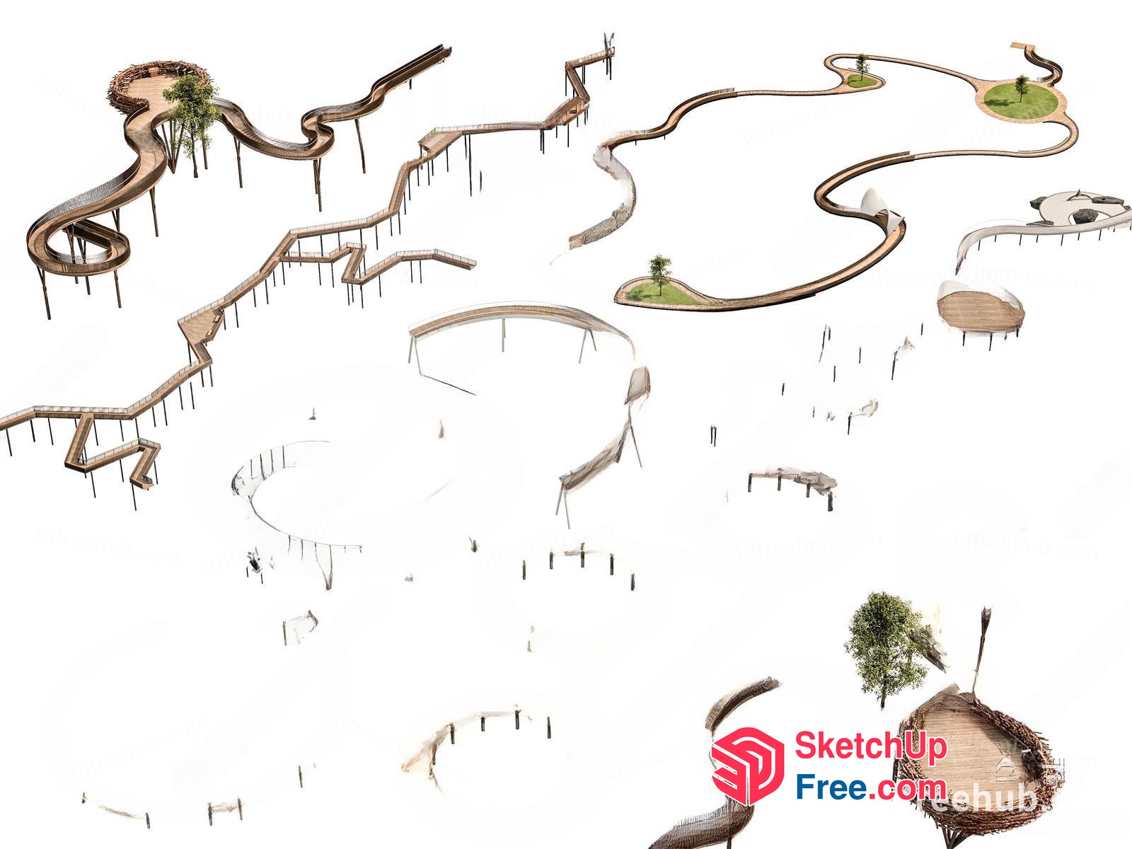 Curved Wooden Pathway With Tree And Bench 3D SketchUp File