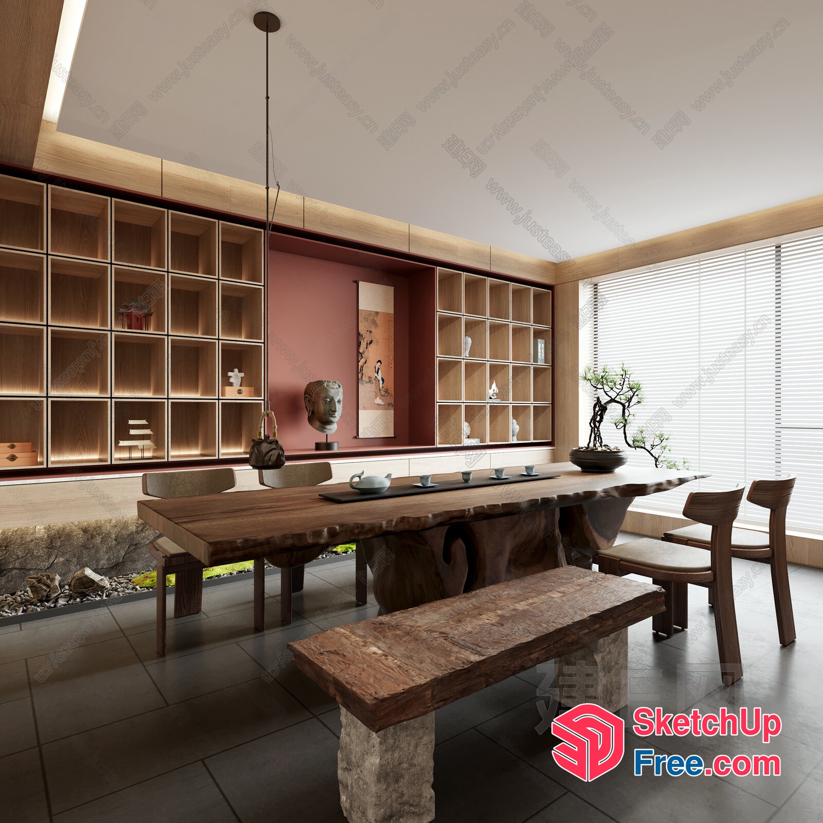 Japanese Style Dining Room With Natural Wood Accents 3D SketchUp File