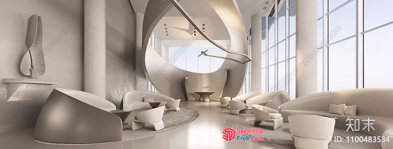 Sleek, Modern, Curved Staircase And Seating Area 3D SketchUp File