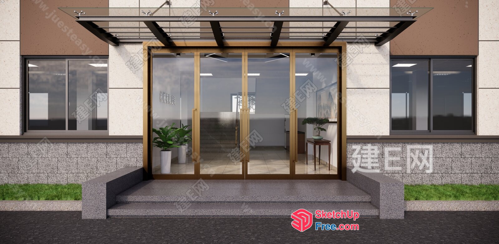 Elegant Glass Door Entrance To Office Building 3D SketchUp File
