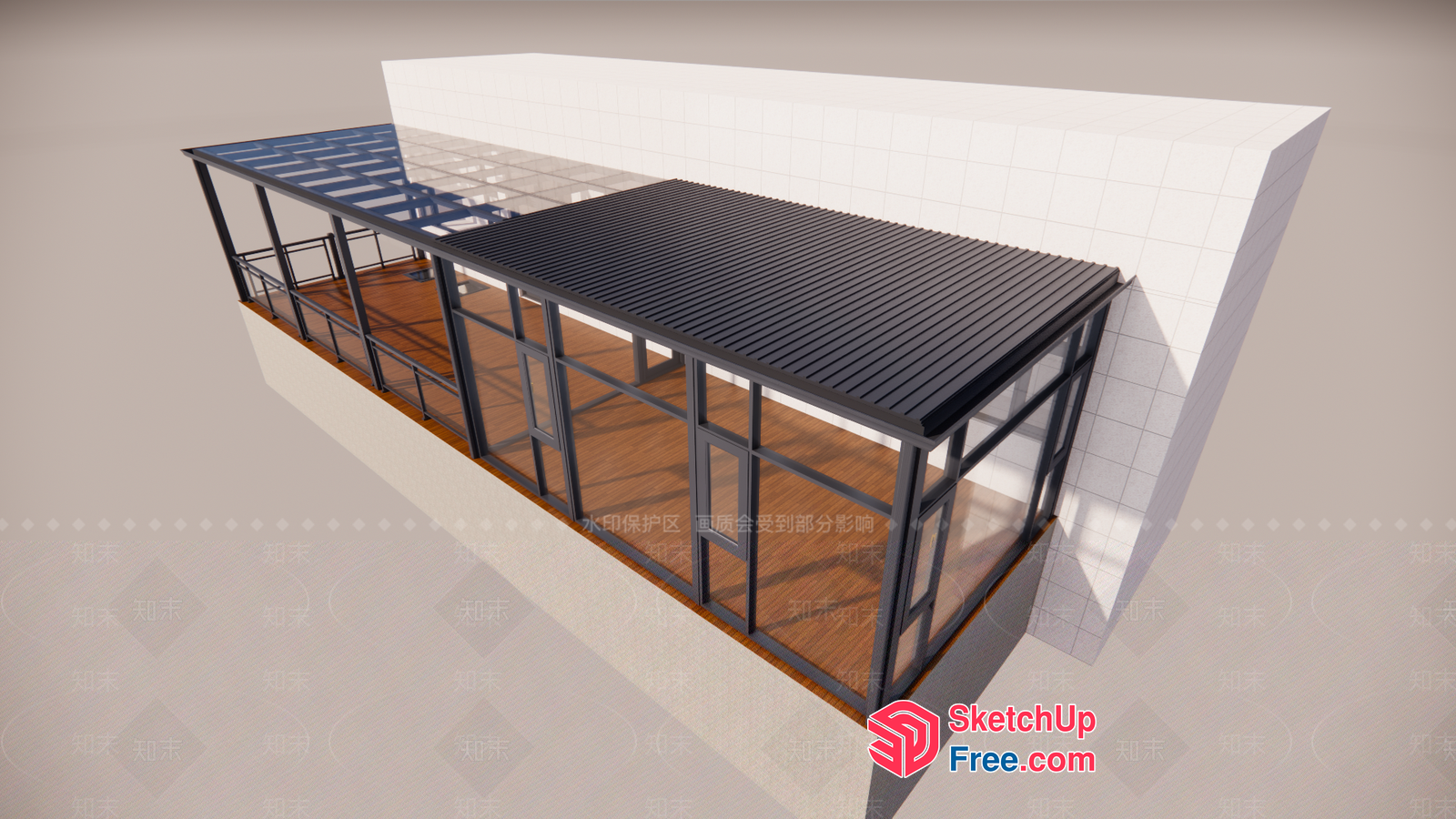 Glass Curtain Wall With Black Metal Frame And Wooden Floor 3D SketchUp File
