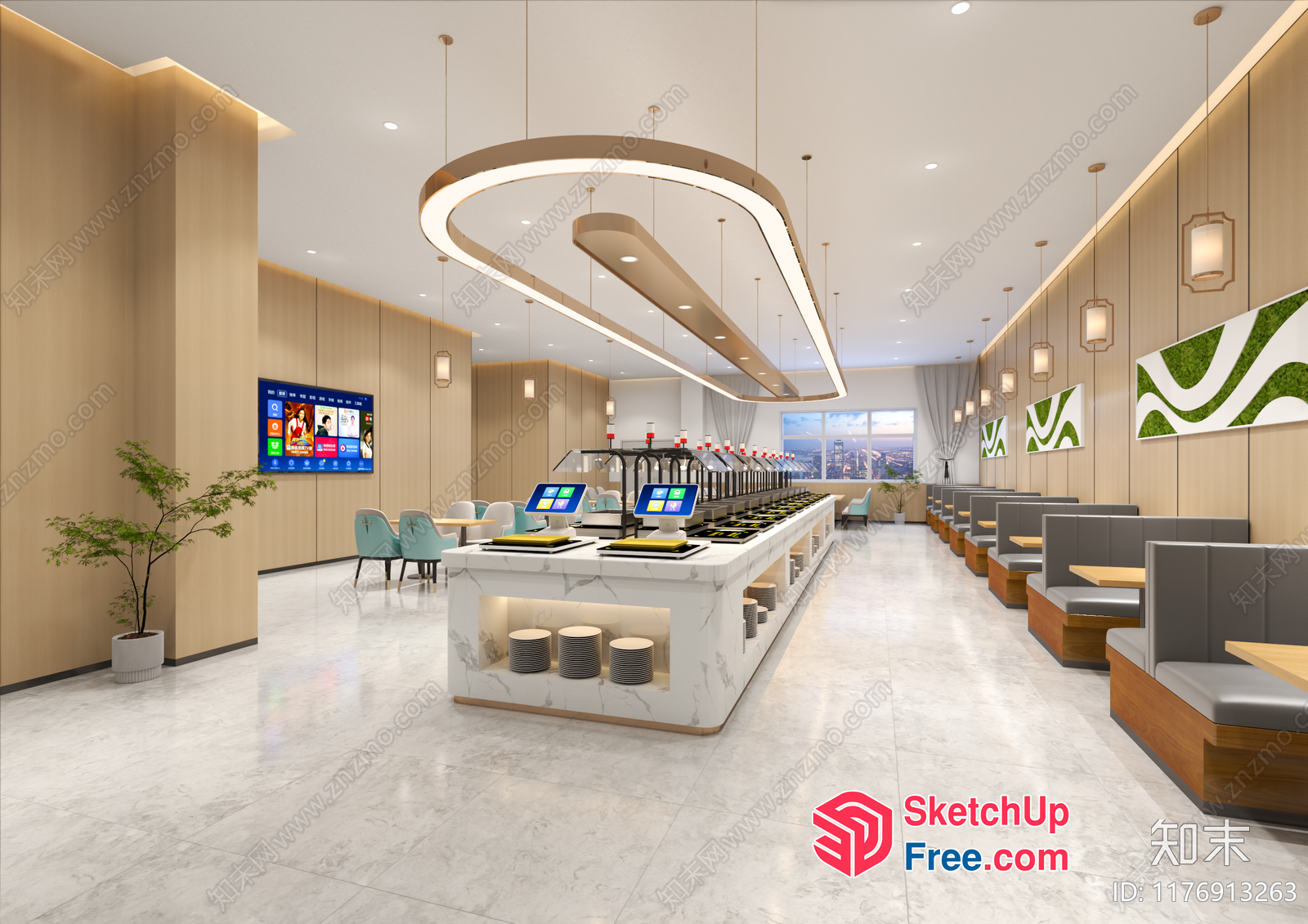 Modern Interior Restaurant Design With Sleek Lighting 3D SketchUp File