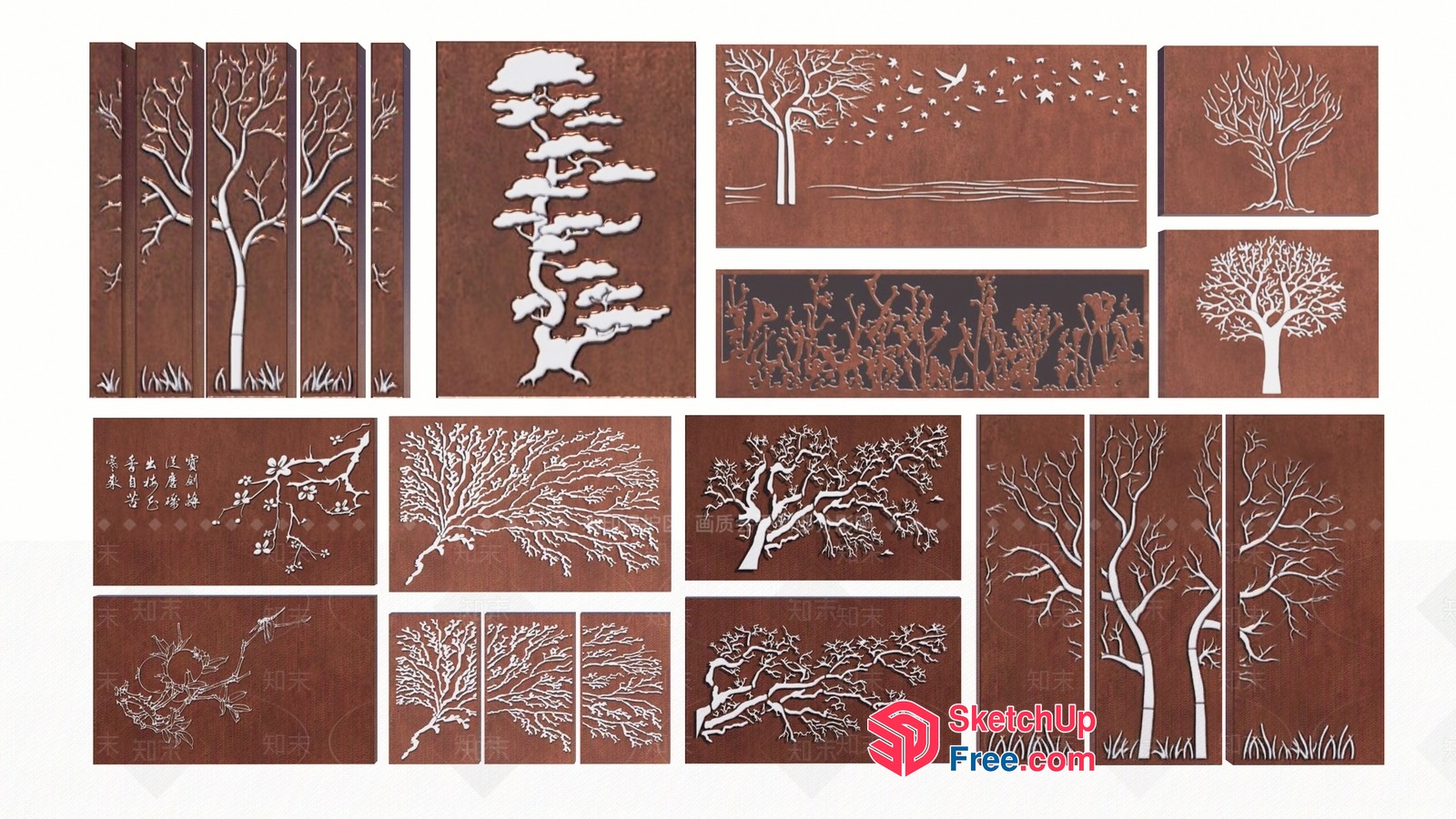 Elegant White Tree Silhouettes On Brown Background 3D SketchUp File