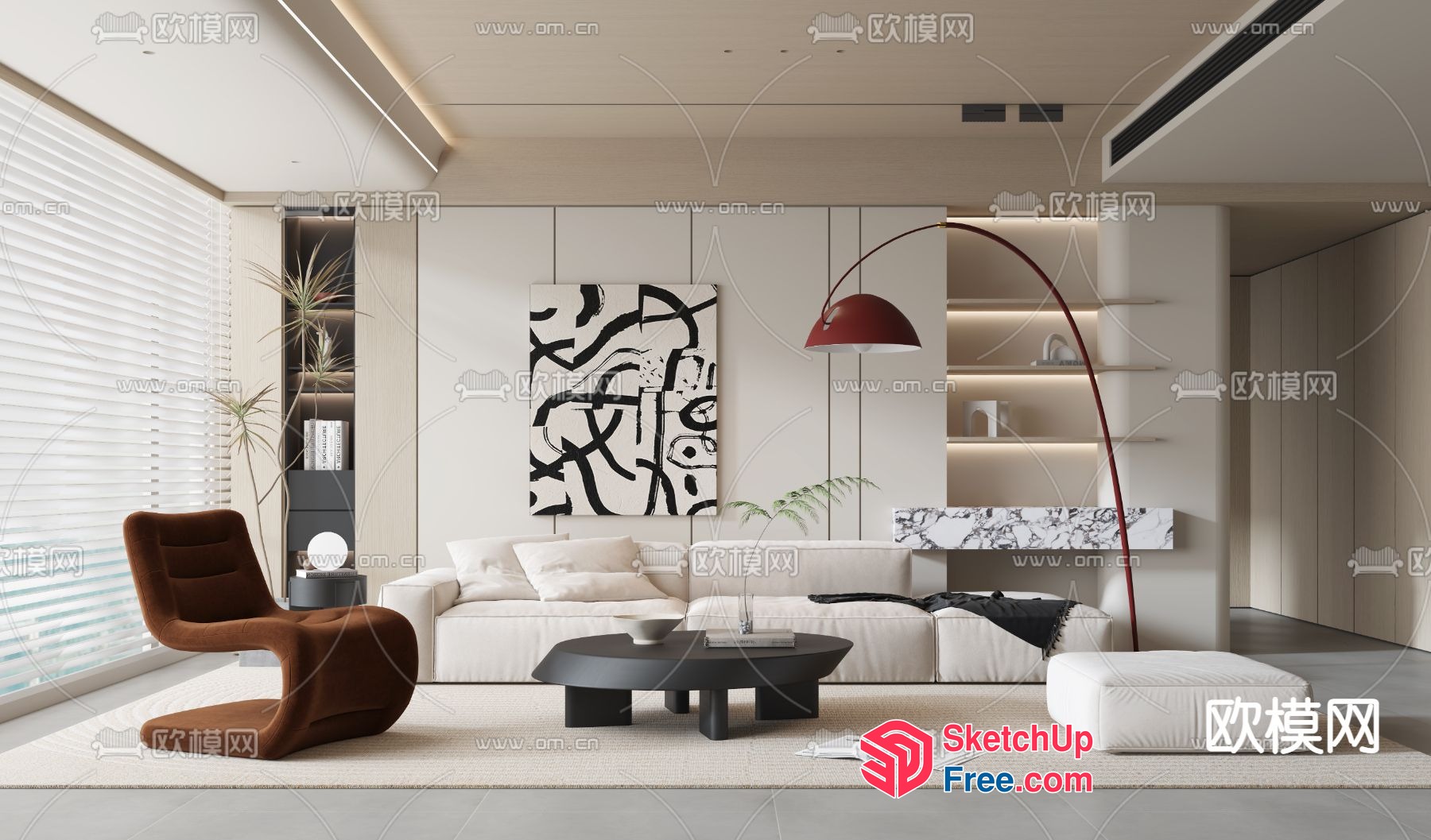 Modern Minimalist Living Room With White And Brown Accents 3D SketchUp File