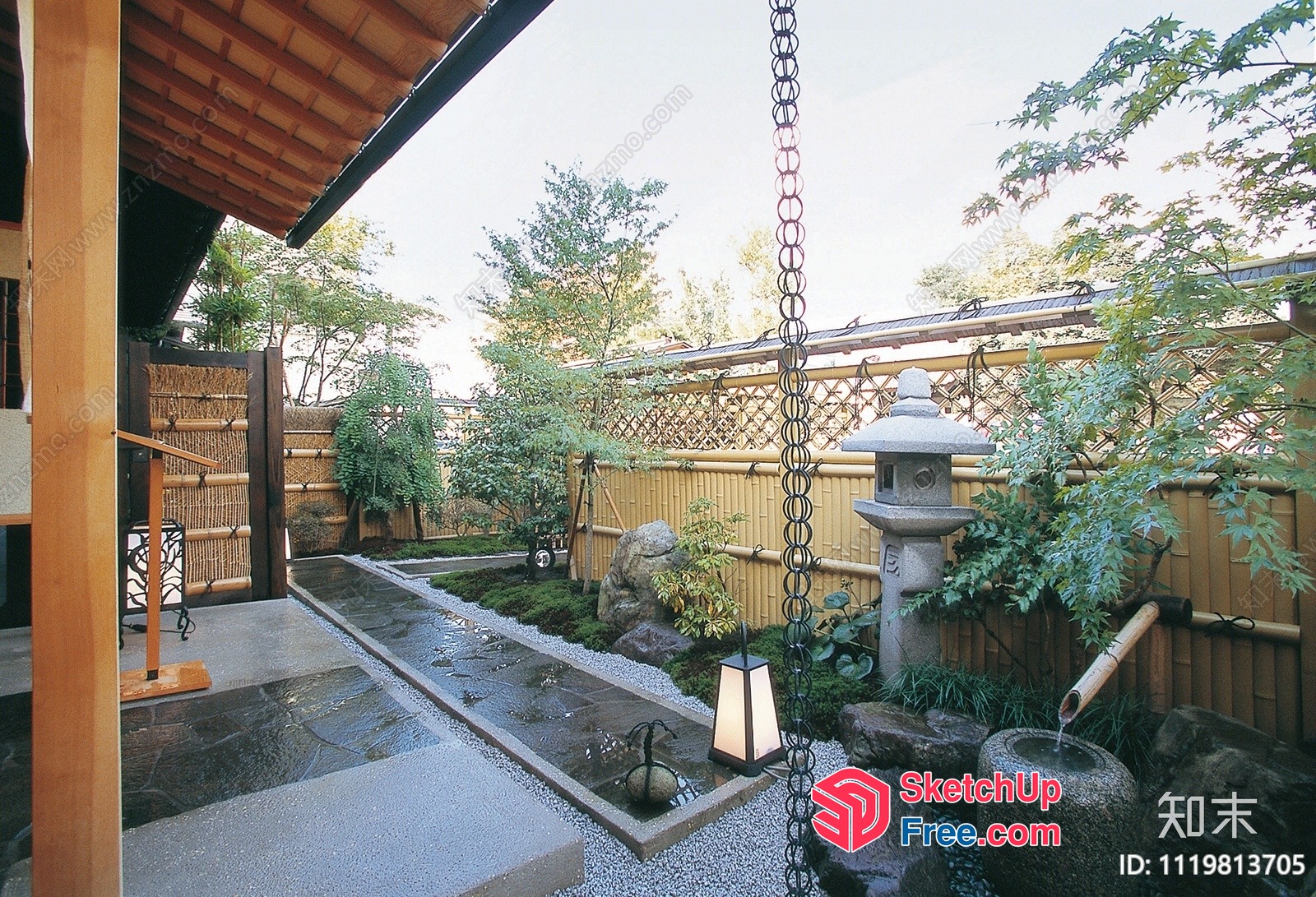 Japanese Style Courtyard With Water Feature And Stone Lantern 3D SketchUp File
