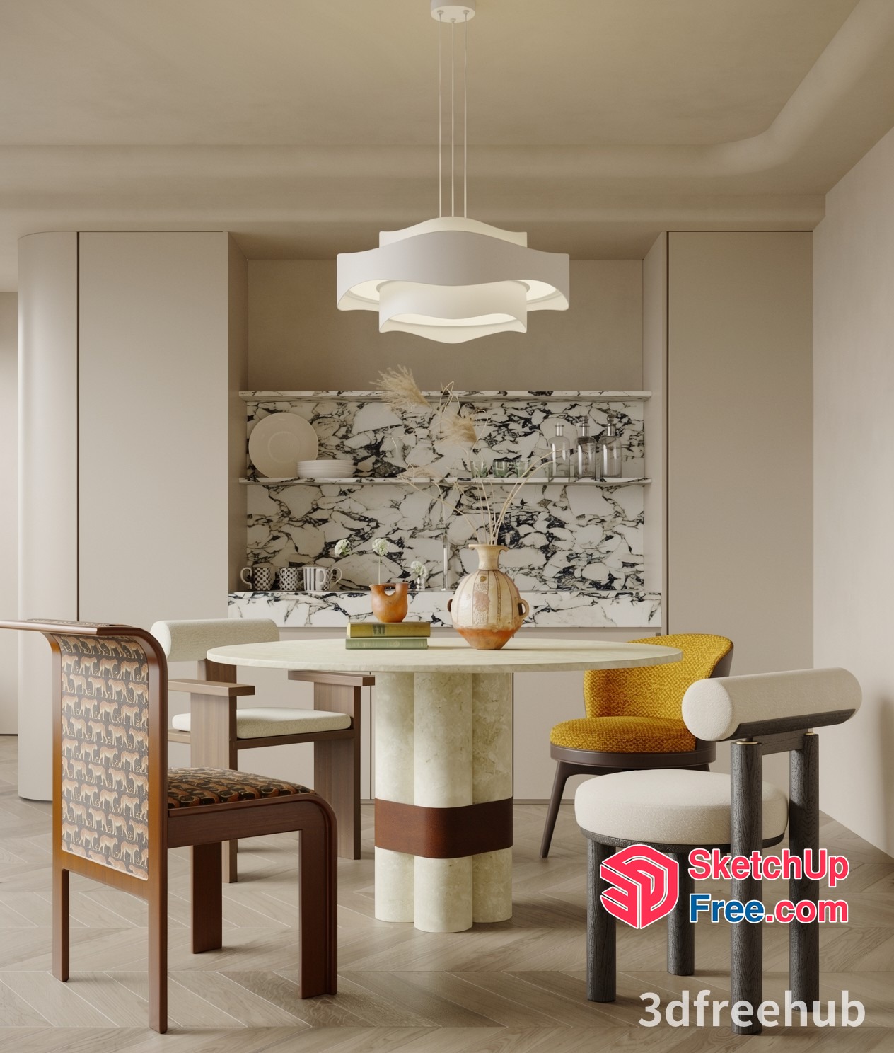 Modern Dining Room With Marble Backsplash 3D SketchUp File