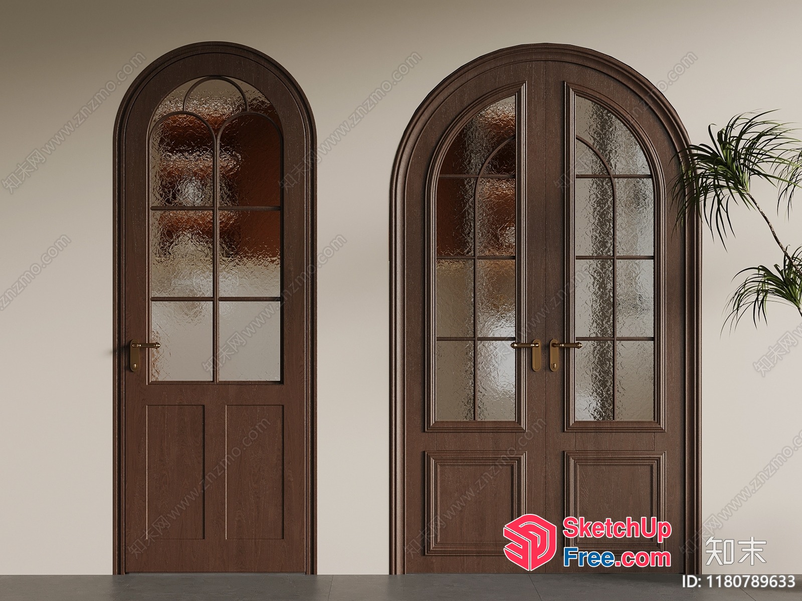 Elegant Arched Wooden Doors With Glass Panels 3D SketchUp File