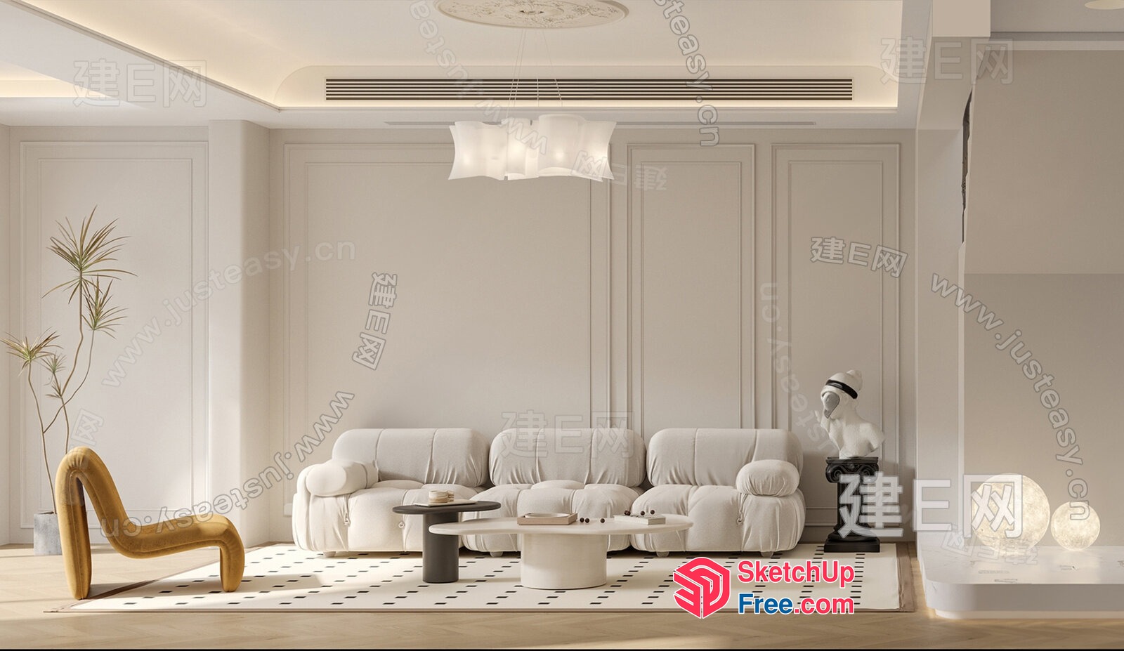 Modern Minimalist Living Room With Creamy Style Furniture 3D SketchUp File