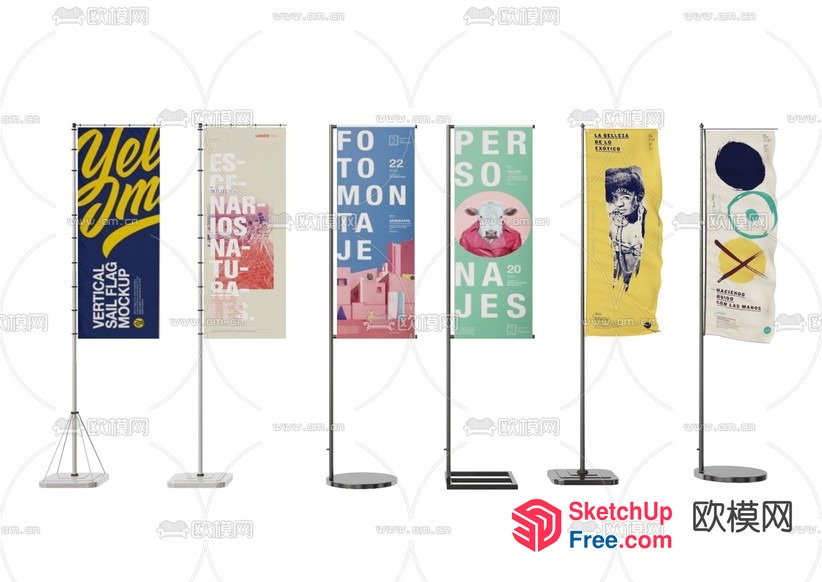 Tall Banners With Various Designs And Textures 3D SketchUp File