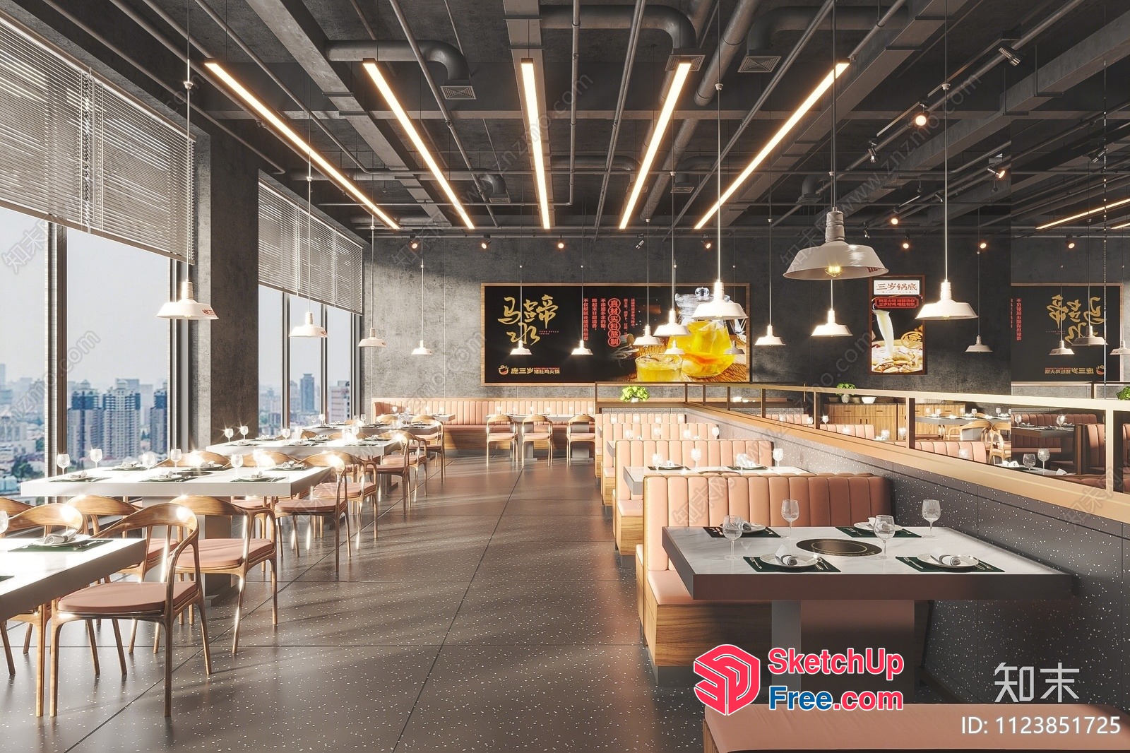 Modern Industrial Style Restaurant Interior With City View 3D SketchUp File