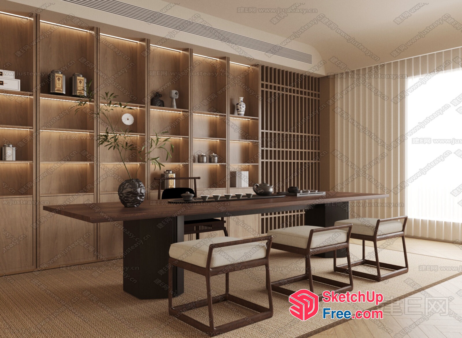 Elegant Dining Room With Modern Wooden Furniture And Natural Lighting 3D SketchUp File