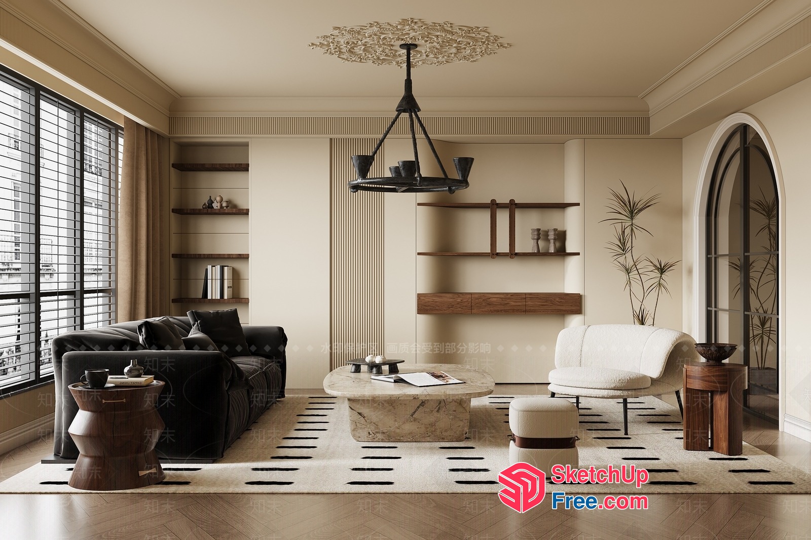 Modern Minimalist Living Room With Creamy Style Furniture 3D SketchUp File