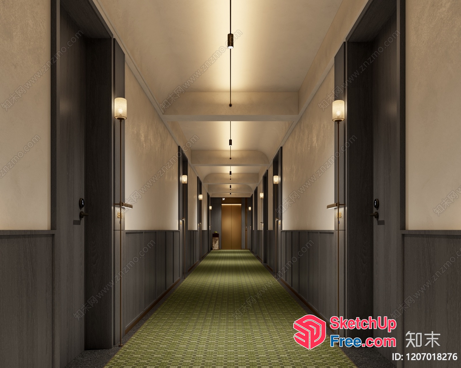 Long Hallway With Elevators And Green Carpet 3D SketchUp File